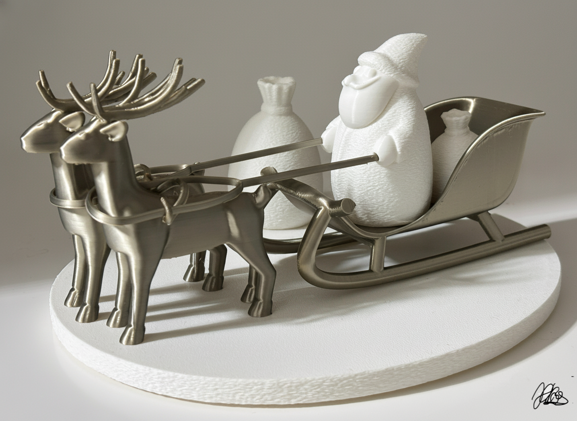 Santa Claus in his sleigh, led by two majestic reindeer!