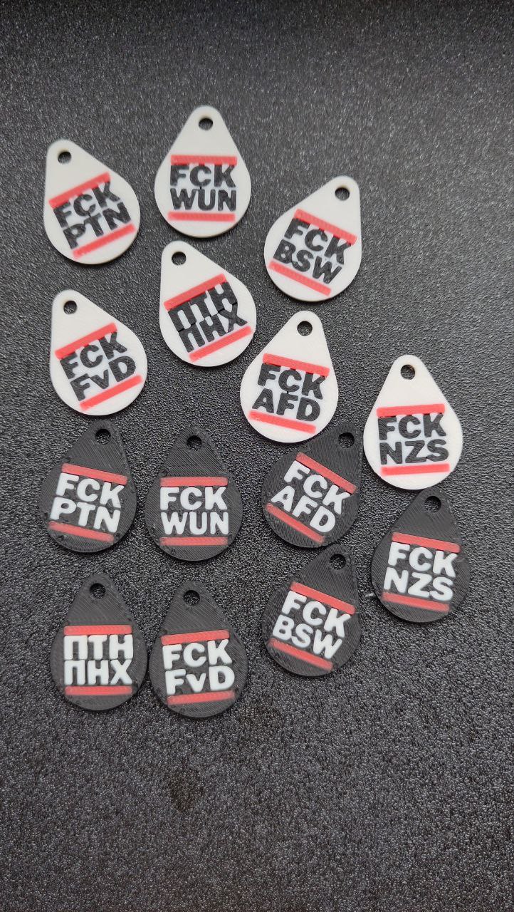 1€ FCK AFD, FvD, HKZ, NZS, PTN, BSW, WUN and ПТН ПНХ shopping cart tag 2 color version front and back for multicolor printers