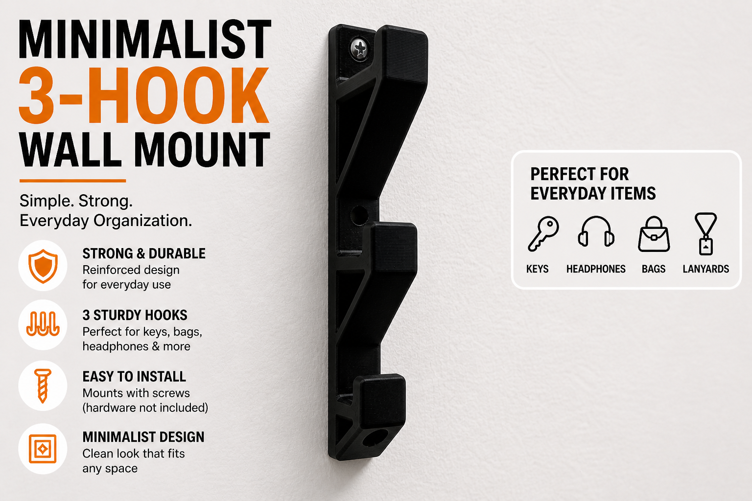Minimalist Multi-Hook Wall Mount (3 Hook Organizer)