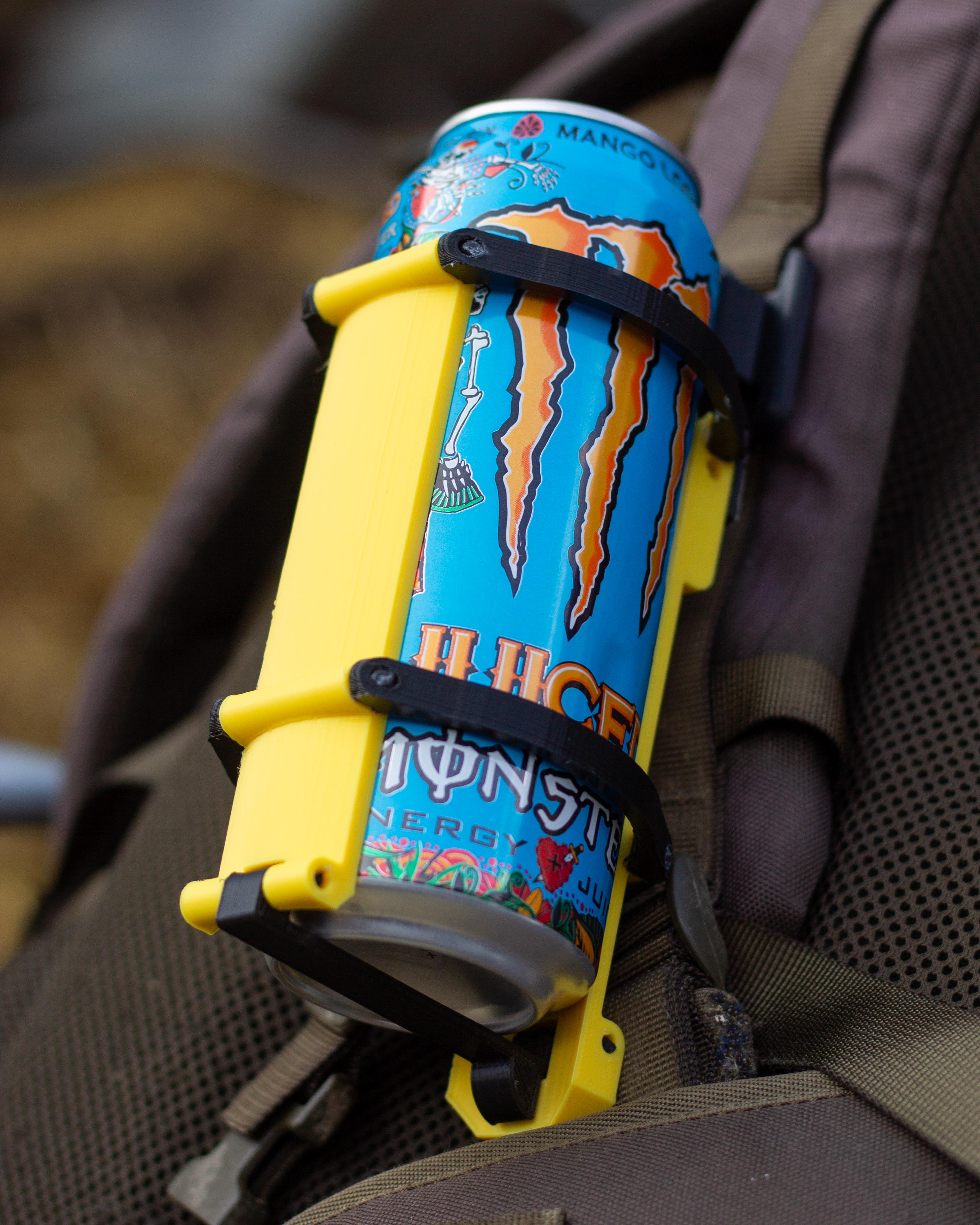 Foldable can holder for backpack strap