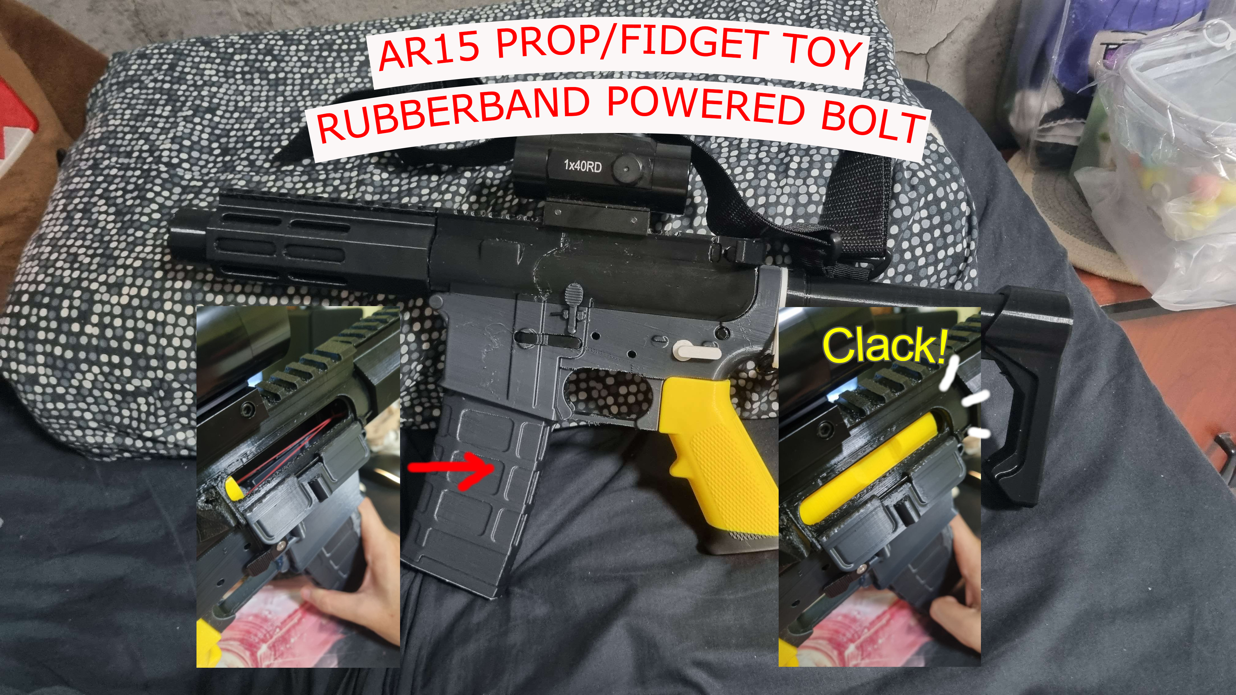 Prop/replica AR-15 fidget toy system | Working bolt catch (rubberbands!)