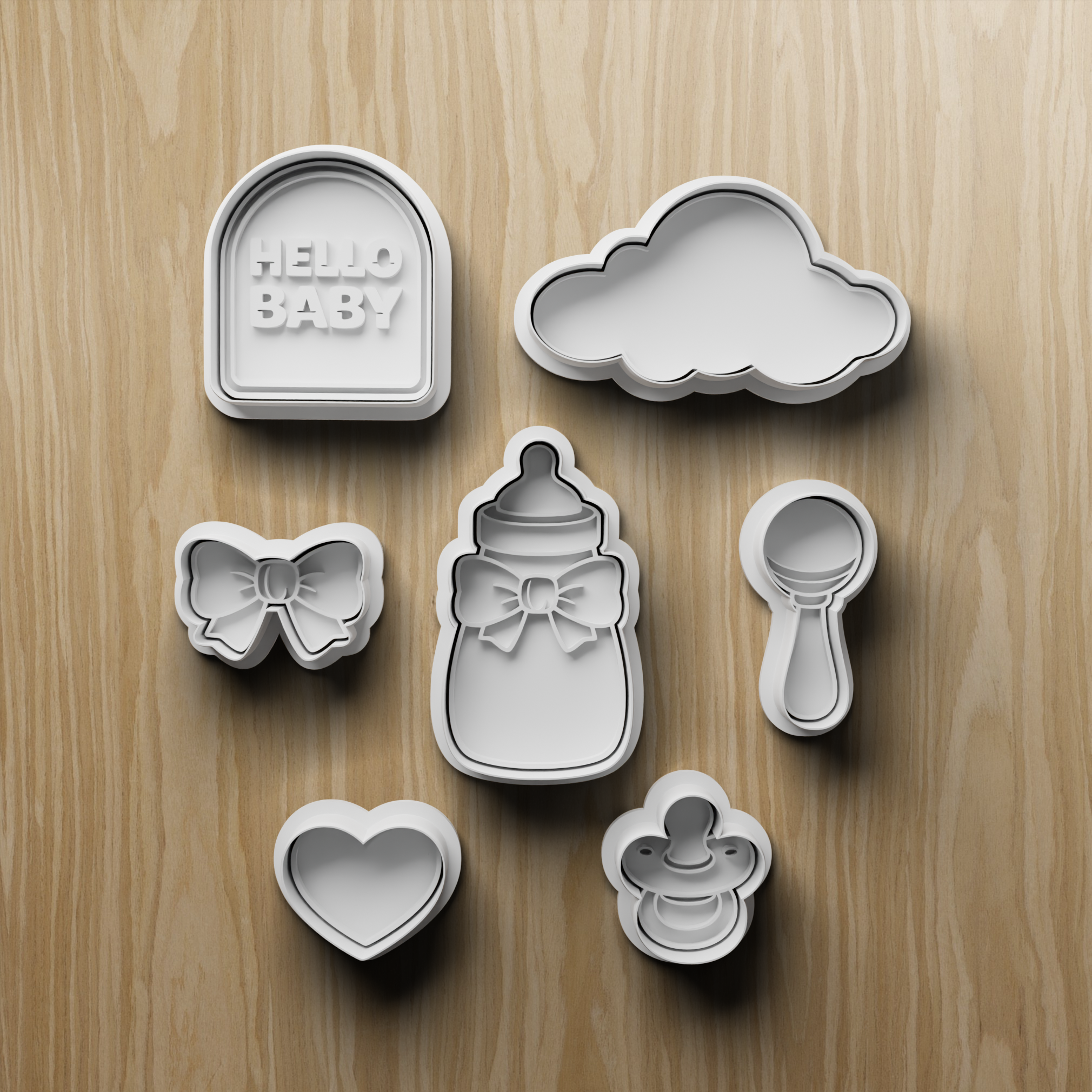 Baby Shower Cookie Cutter STL Set, Hello Baby Arch, Cloud, Bow, Bottle, Heart, Pacifier