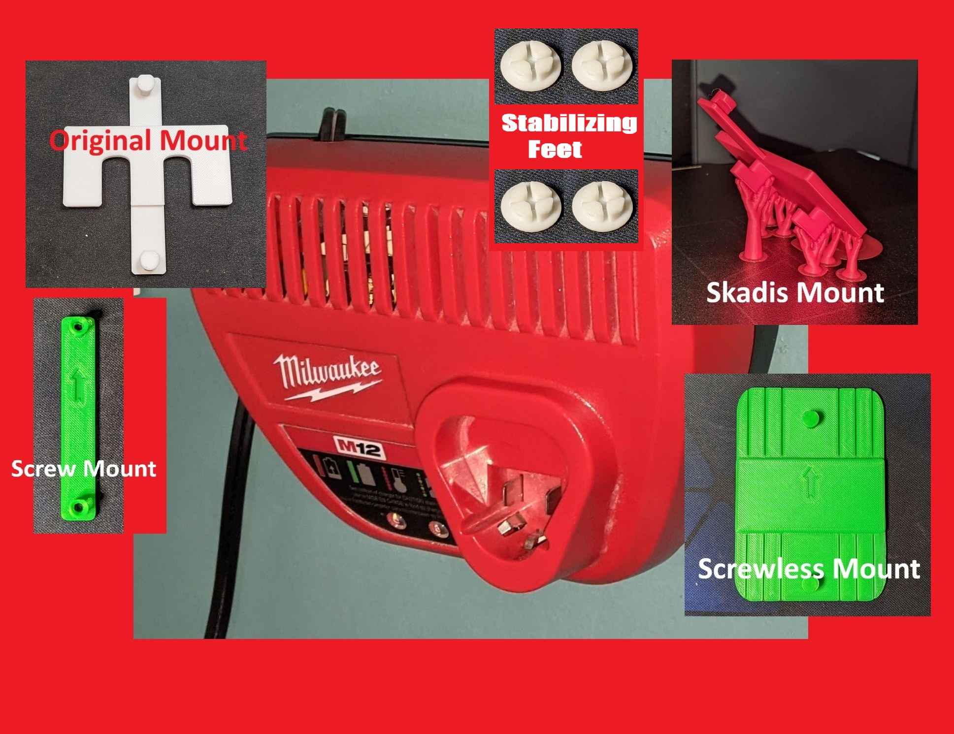 Milwaukee M12 Charger 12V Wallmounts Damage Free, Skadis, Screwless option