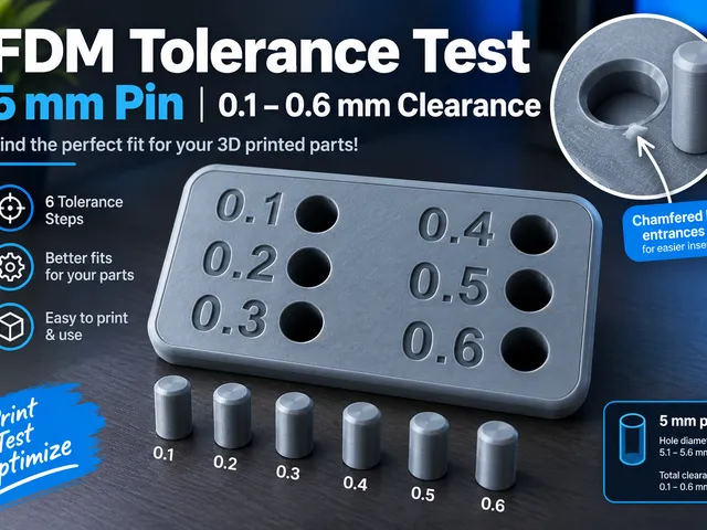 FDM Tolerance Test – 5 mm Pin | 0.1–0.6 mm Clearance