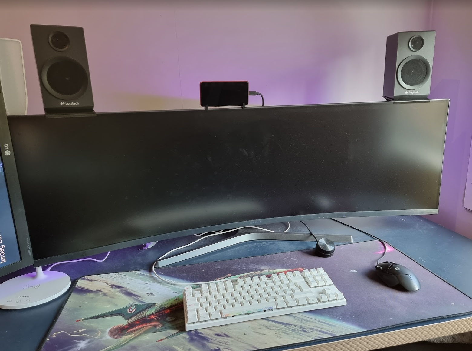 Speaker mount for wide monitor (Samsung CR49RG90 / Logitech Z333)