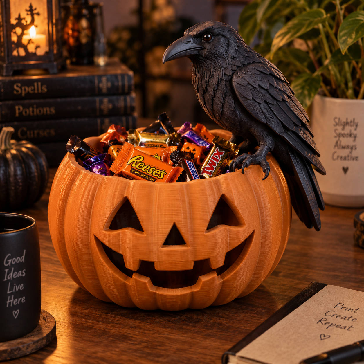 Pumpkin Candy Bowl with Raven - Halloween Treat Bowl