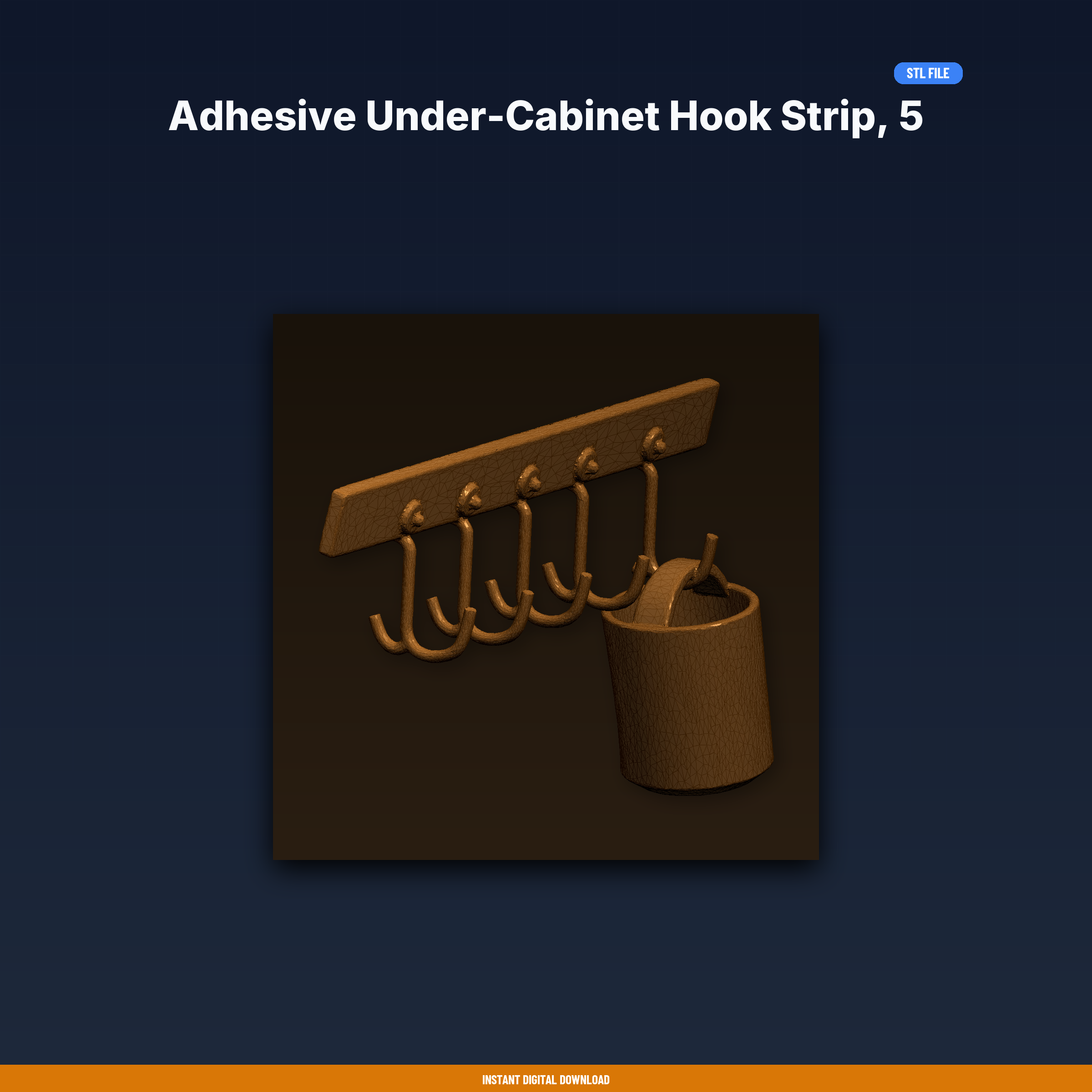 Adhesive Under-Cabinet Hook Strip, 5 Hooks, Rv Mug Holder, Space Saver - 3D Printable STL File