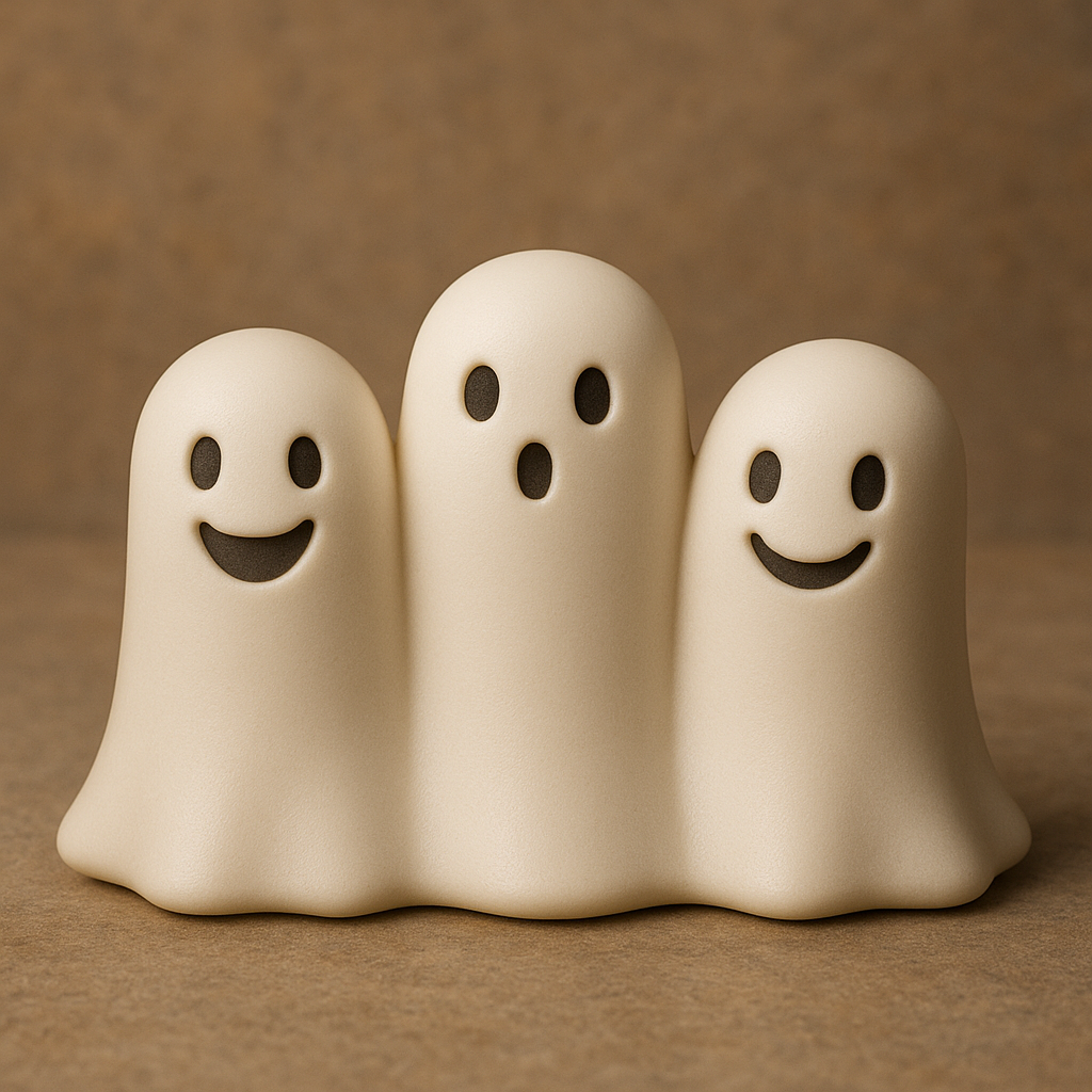A group of three cute ghosts standing together, each with a slightly different face (happy, surprised, smiling)