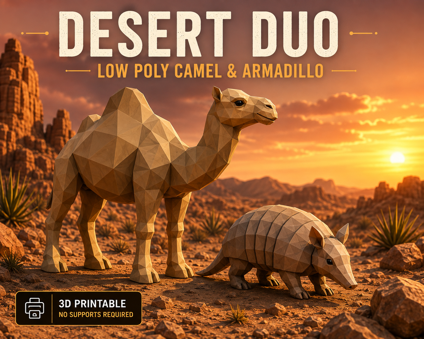 Abstract Minimal Animals – Desert Duo (Low Poly Camel & Armadillo)