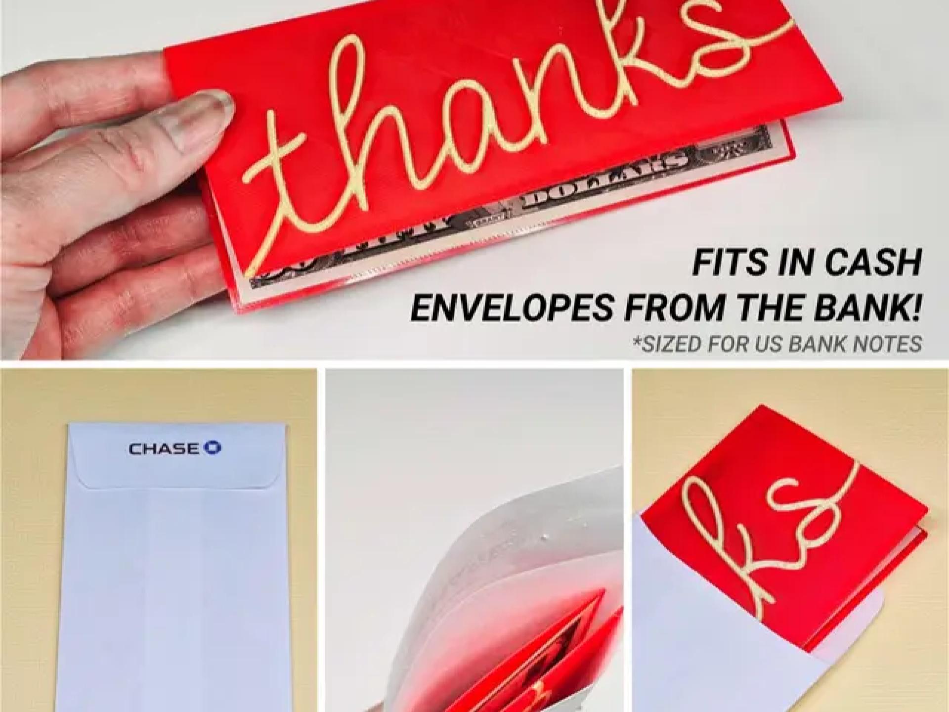 "thanks" Folded Card for Cash Gifts | Fits cash envelopes from the bank | Sized for US bank notes