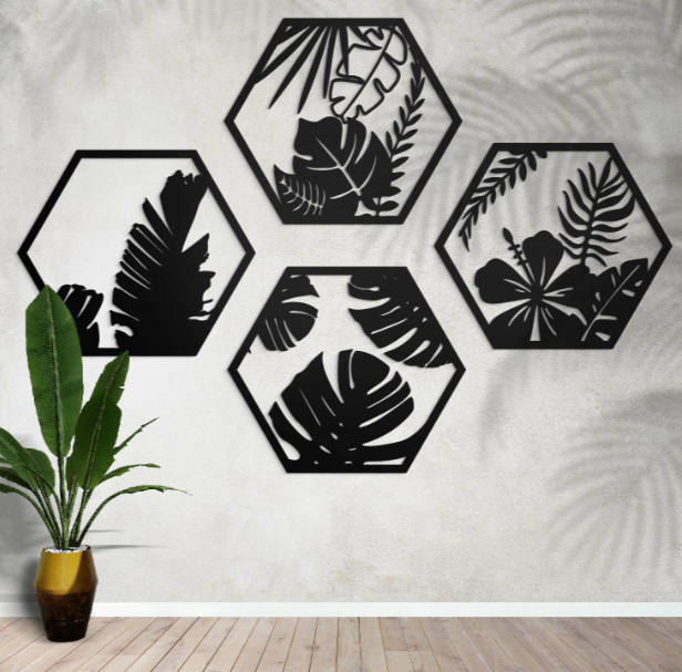 4pcs Hexagon Flowers Wall Art