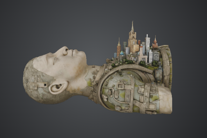 Surreal Cityscape Bust – Futuristic Sci-Fi Architectural Sculpture
