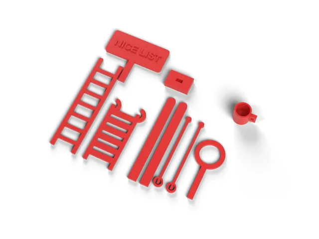 Elf Props Kit - Ladder, Sledge, Skis, Cocoa Mug and Nice List Sign for Shelf Elves, No Supports (OpenSCAD)
