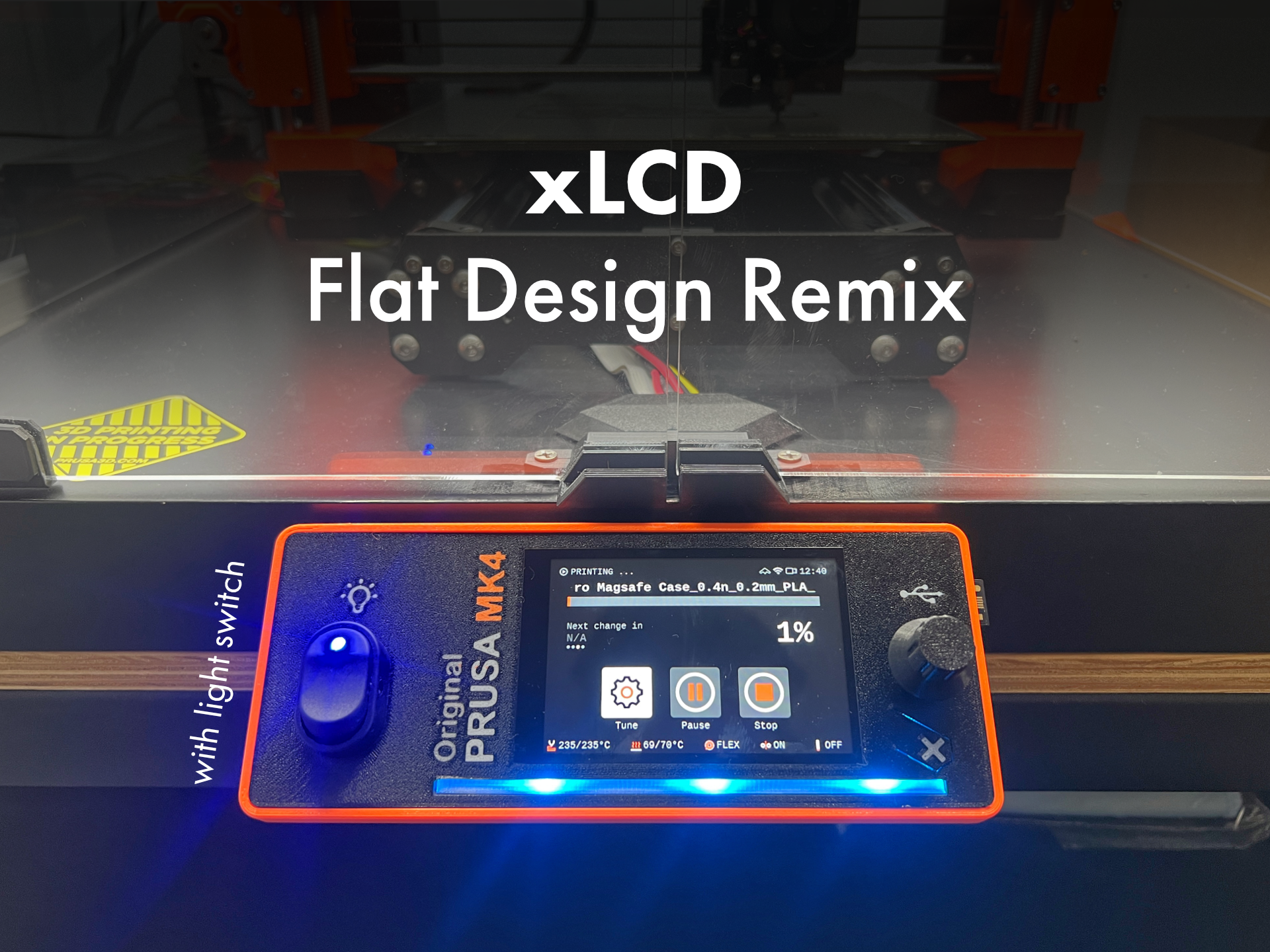 LCD Cover for Prusa XL, MK4, MK3.9, MK3.5 - Flush Display, Light Switch, LED Defuser, MMU