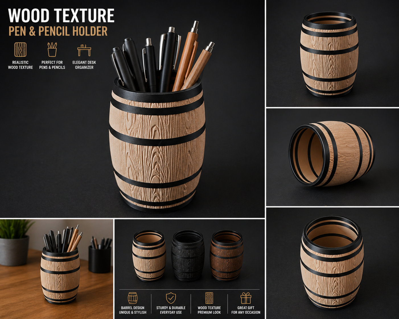 Realistic Wooden Barrel – Pen Holder