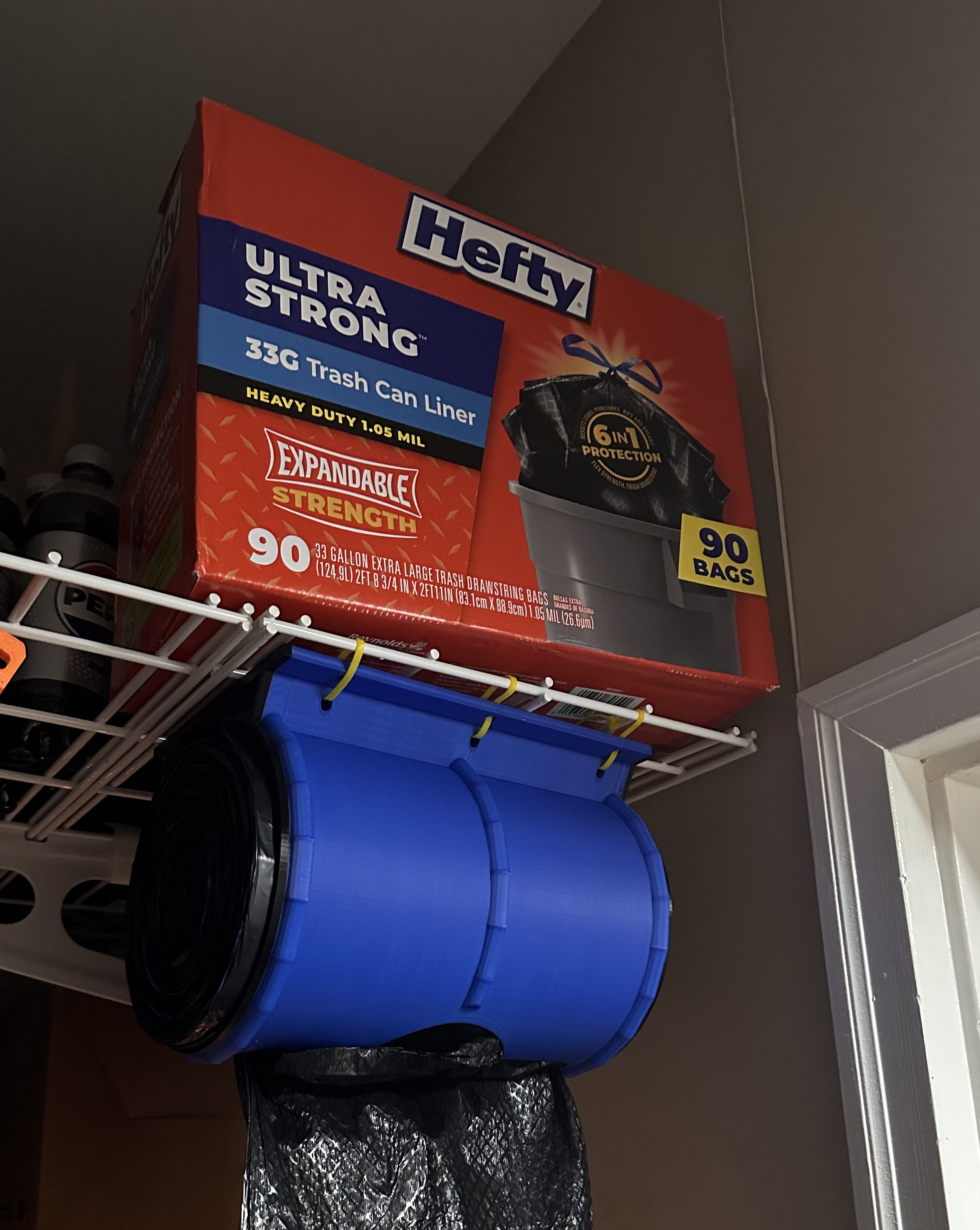 Trash Bag Holder Dispenser XL Plus for large 6"/150mm diameter trash bag rolls (SamsClub Hefty 33 Gal Rolls)