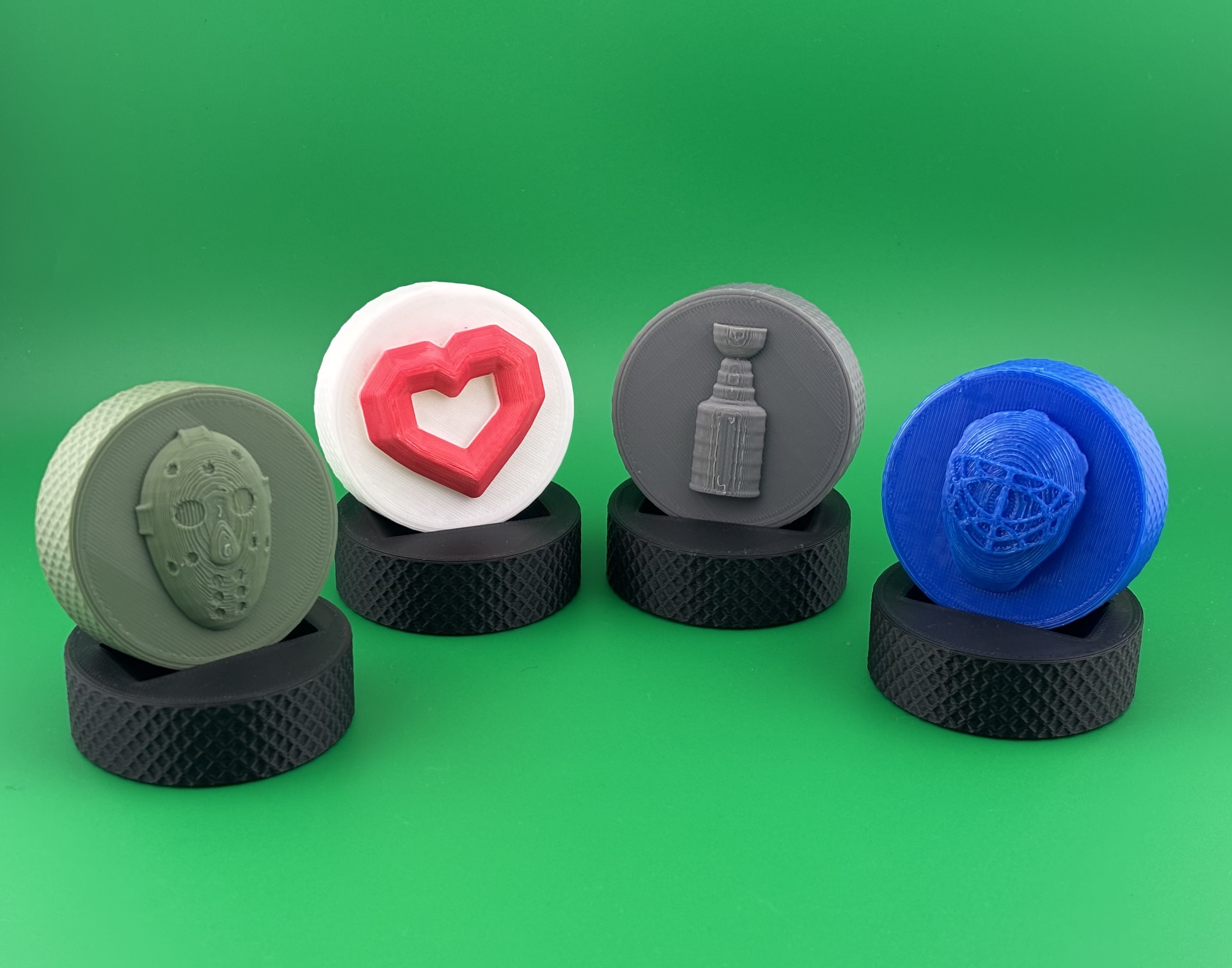Knurled Hockey Puck Set with Stanley Cup Goalie Mask Heart Molds