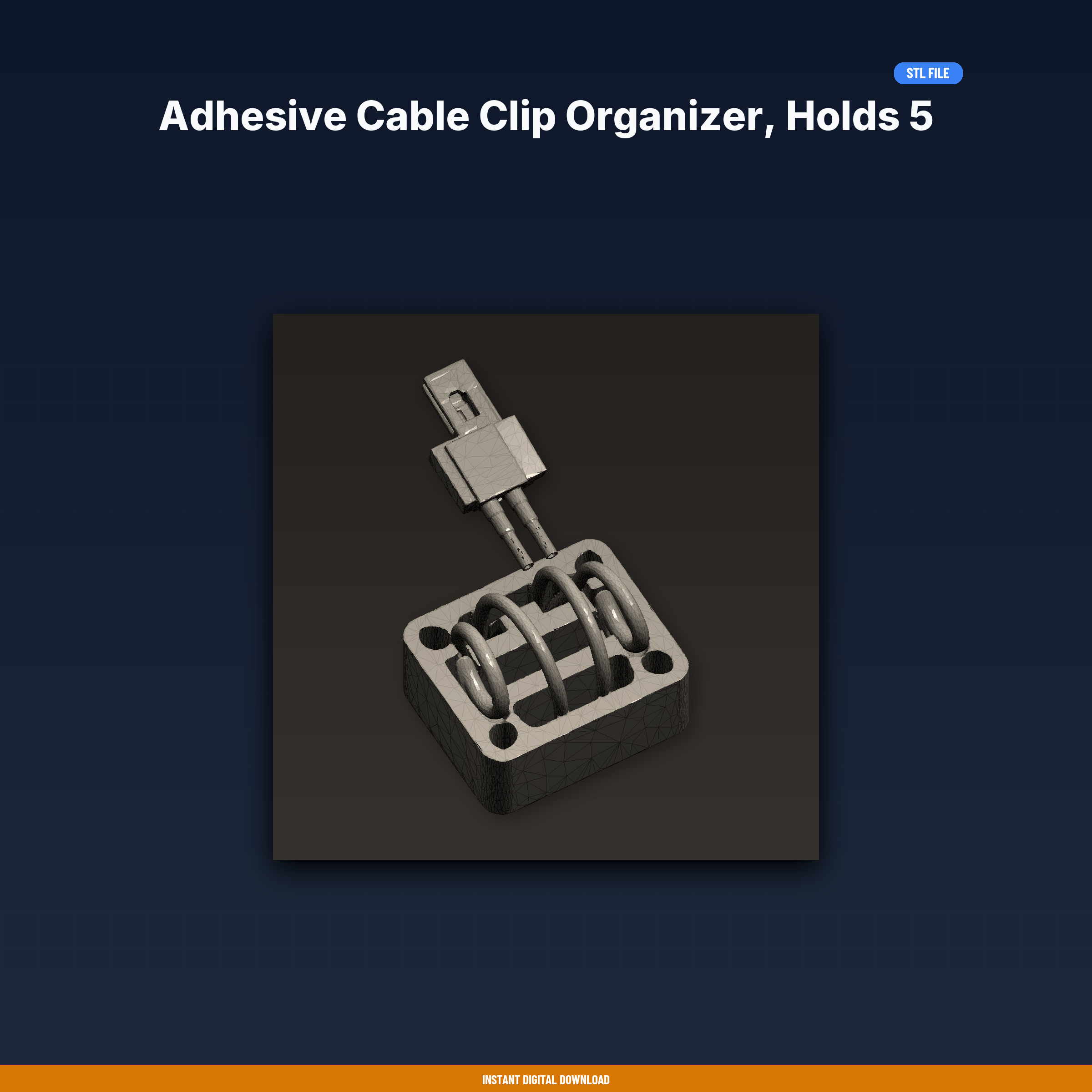 Adhesive Cable Clip Organizer, Holds 5 Cables, Desk Edge Mount, - 3D Printable STL File