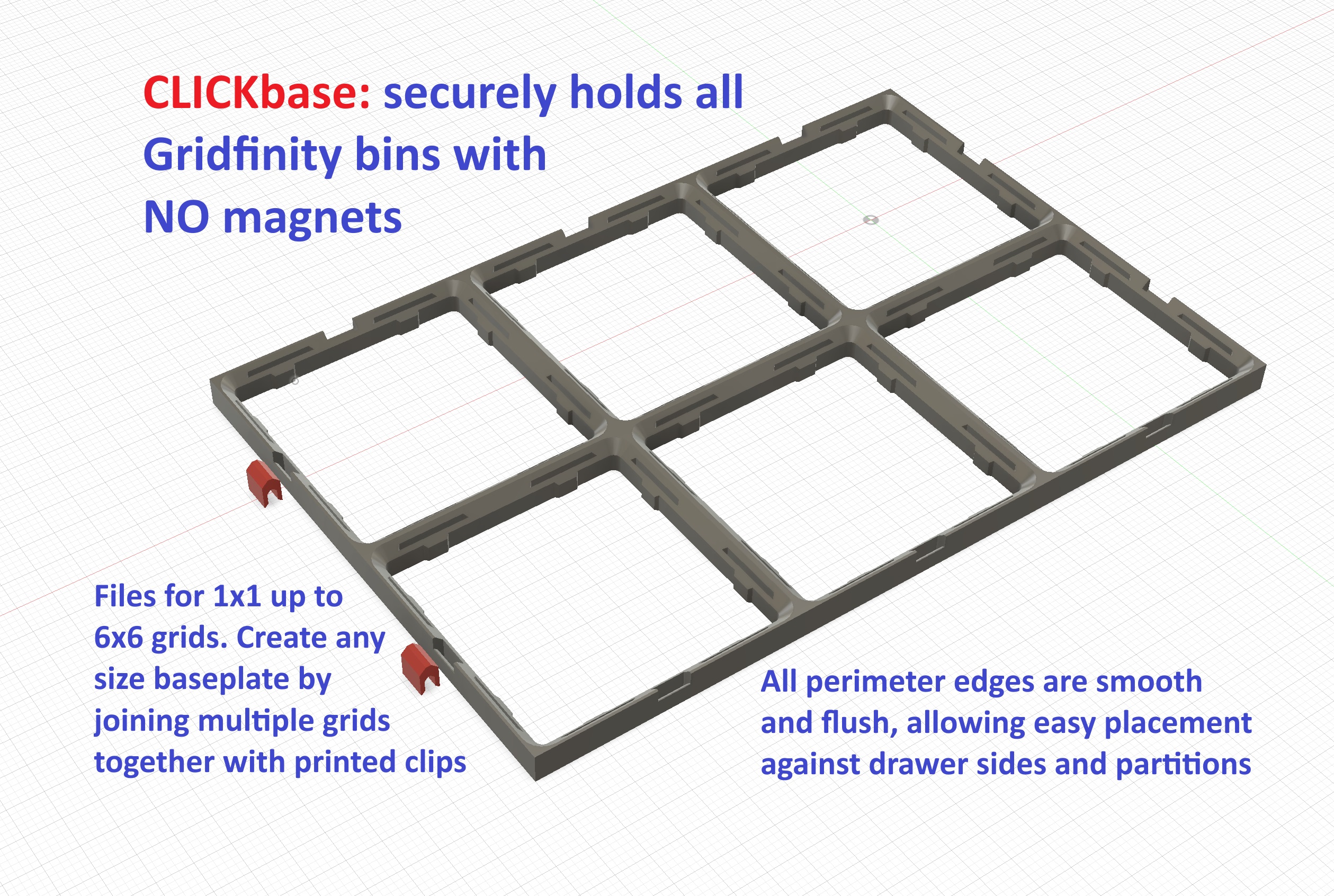 CLICKbase: a no-magnet, latching Gridfinity baseplate - all flush edges, easy expansion, very rigid