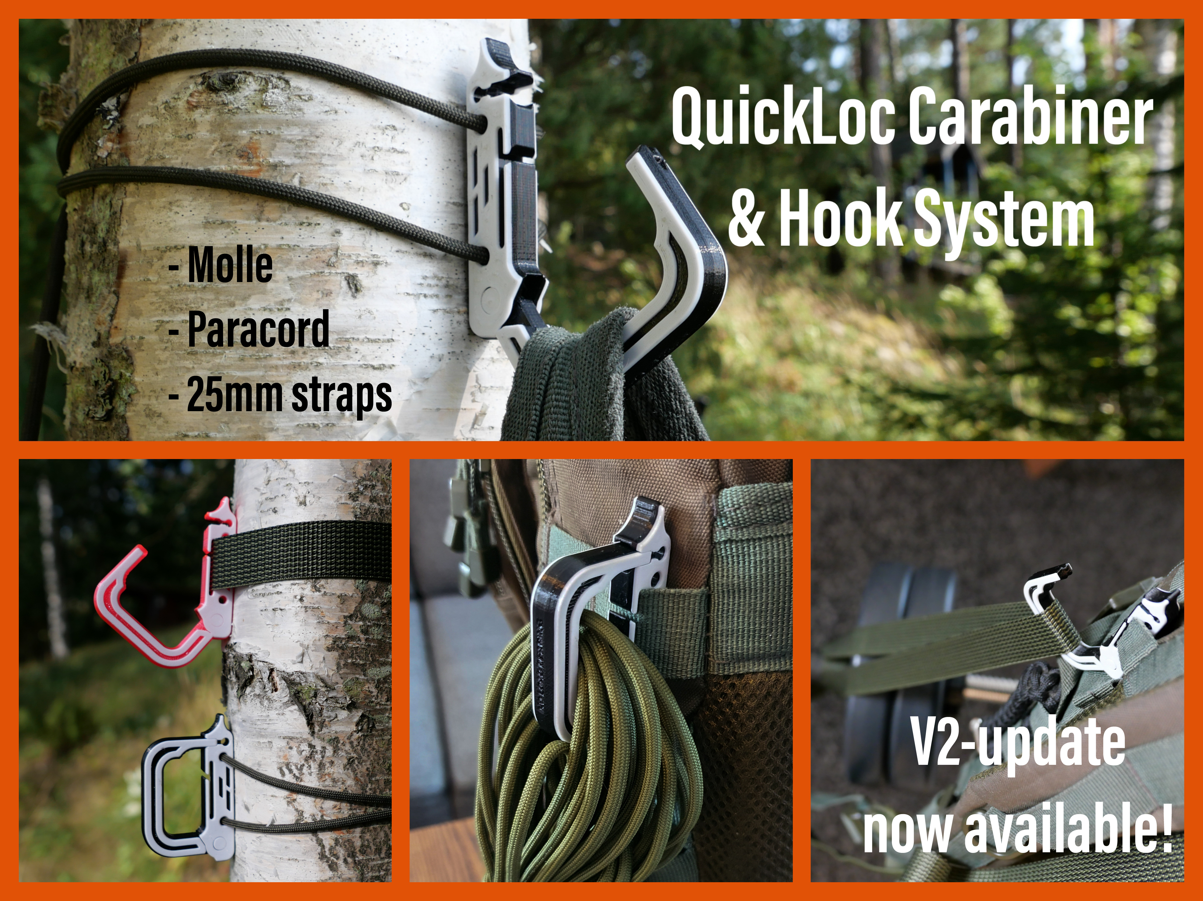 QuickLoc Carabiner and Hook System (print-in-place + molle compatible) V2