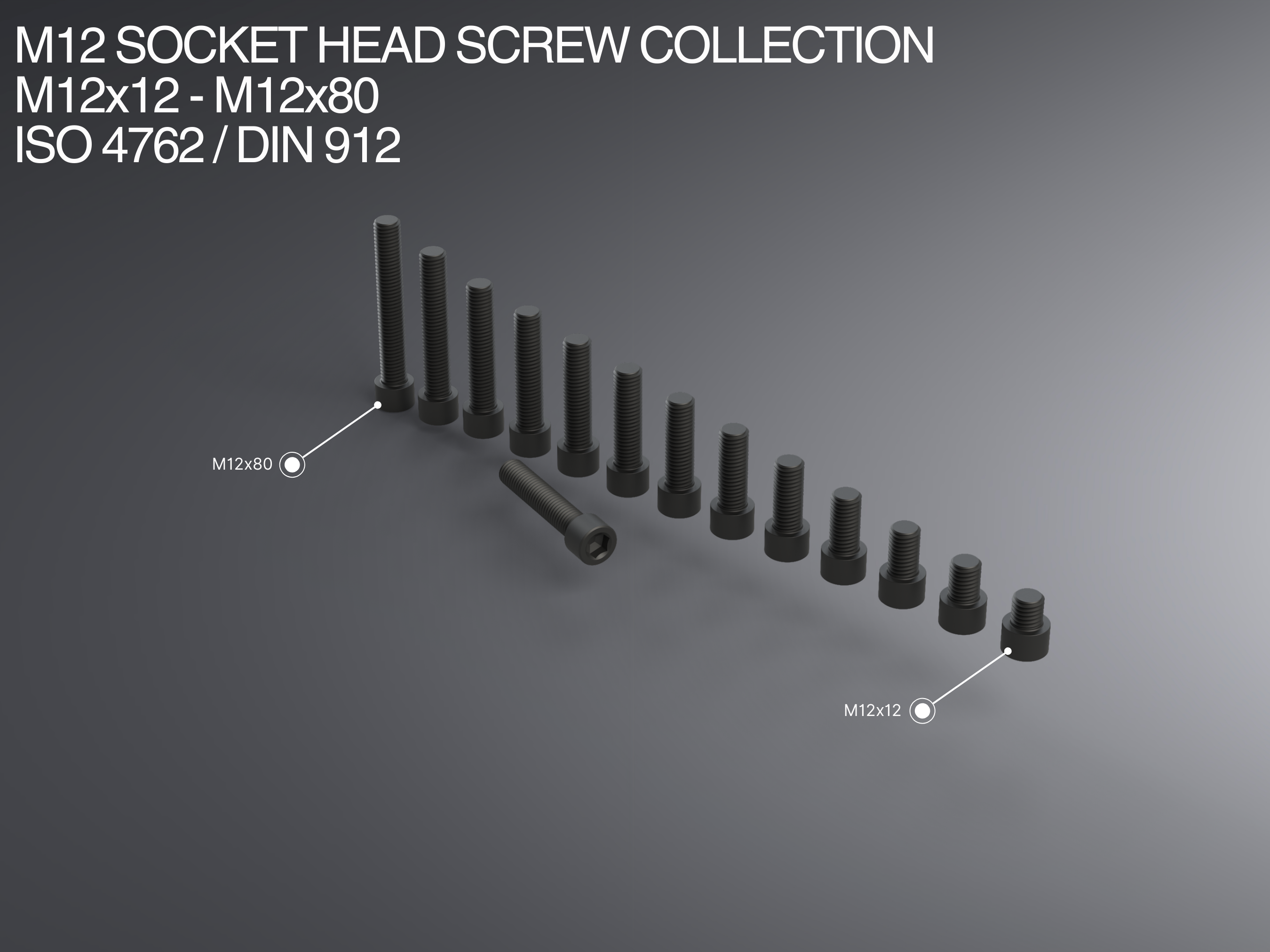 M12 Socket Head Screw Collection M12x12-M12x80 ISO 4762 / DIN 912