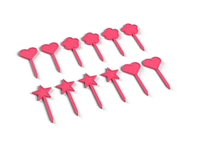 Cupcake Toppers - 12 Star, Heart and Flower Picks with Raised Outlines for Parties, No Supports (OpenSCAD)