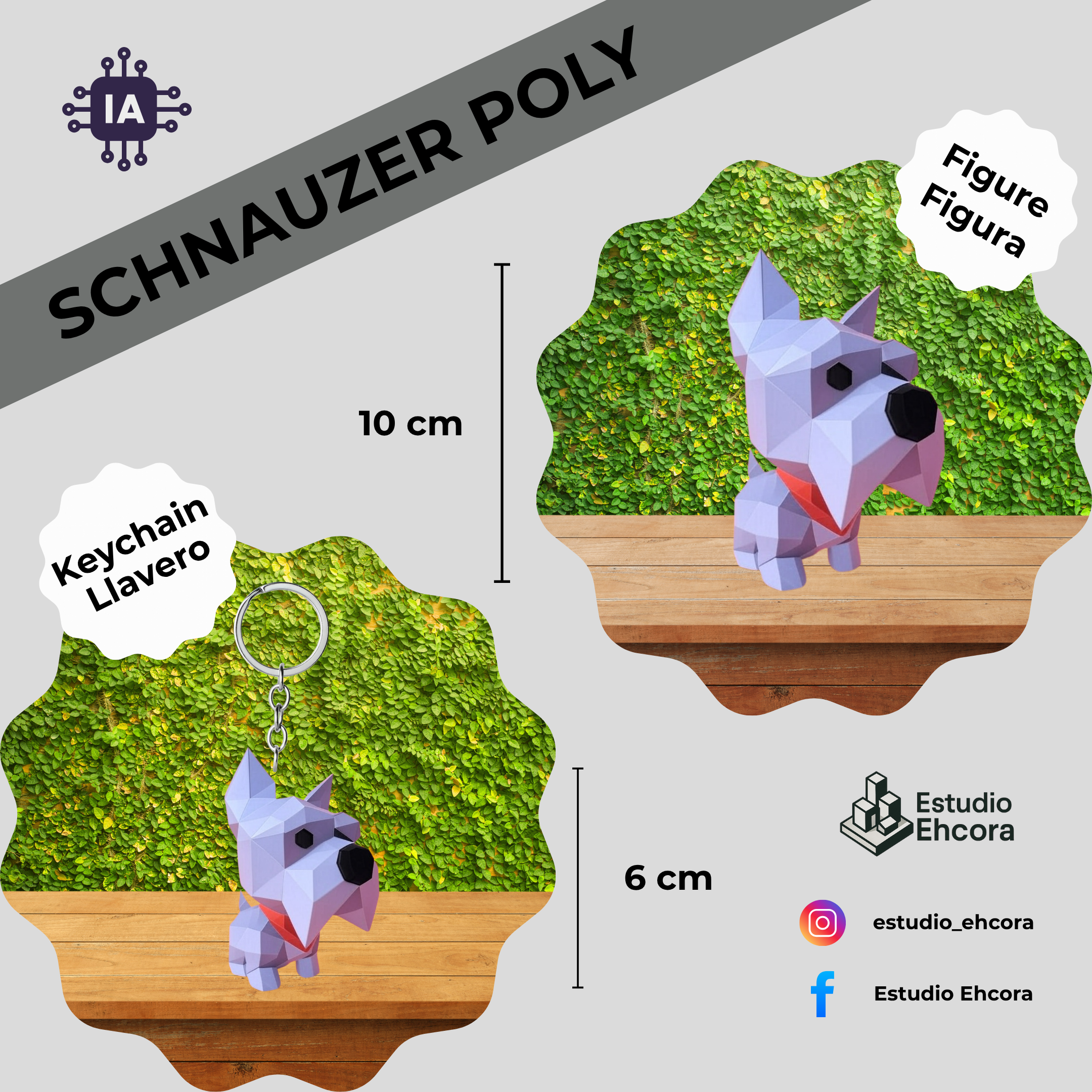 Schnauzer Low Poly Figura 10cm + Llavero 6cm