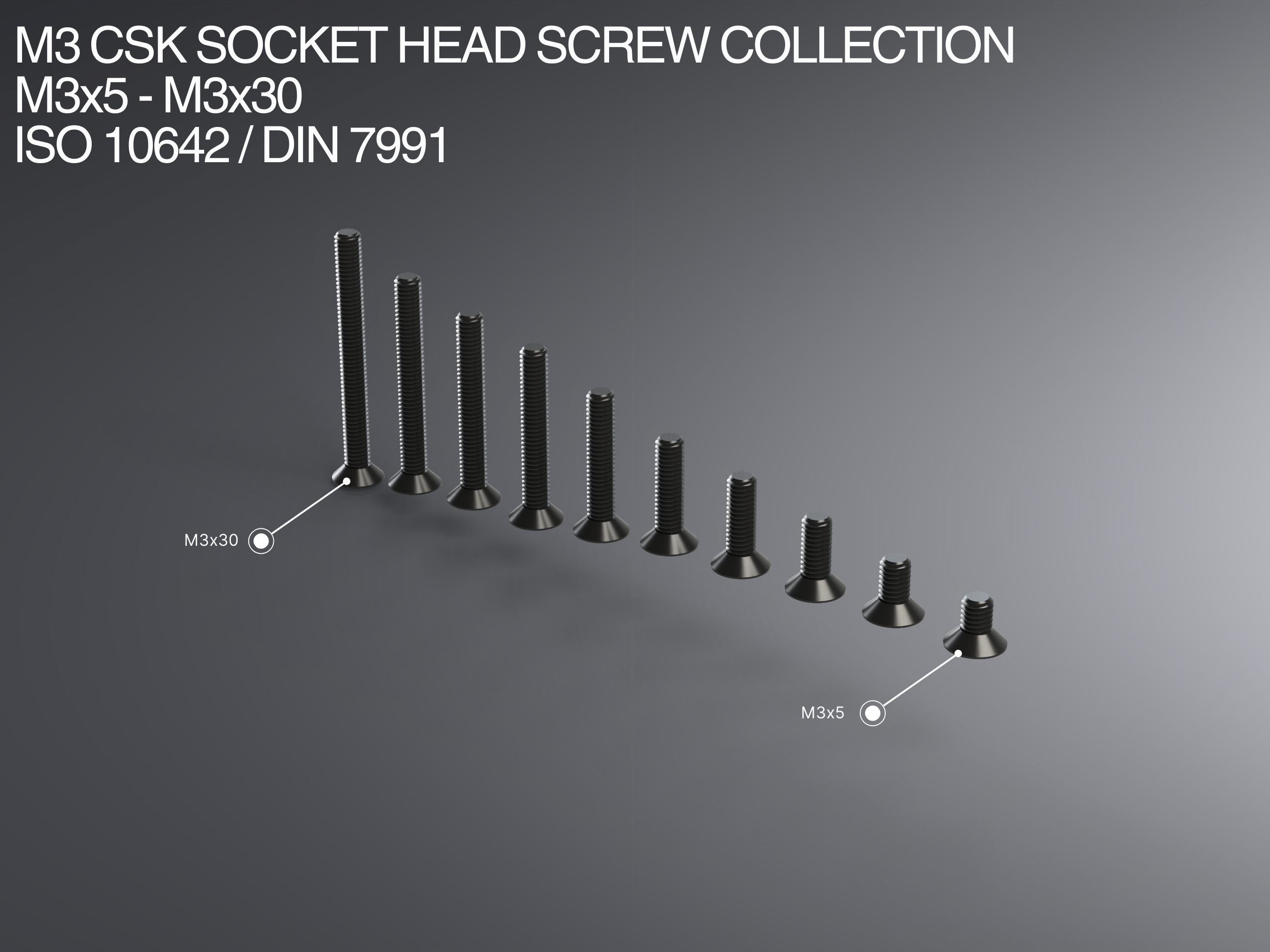 M3 CSK Socket Head Screw Collection M3x6-M3x30 ISO 10642 / DIN 7991