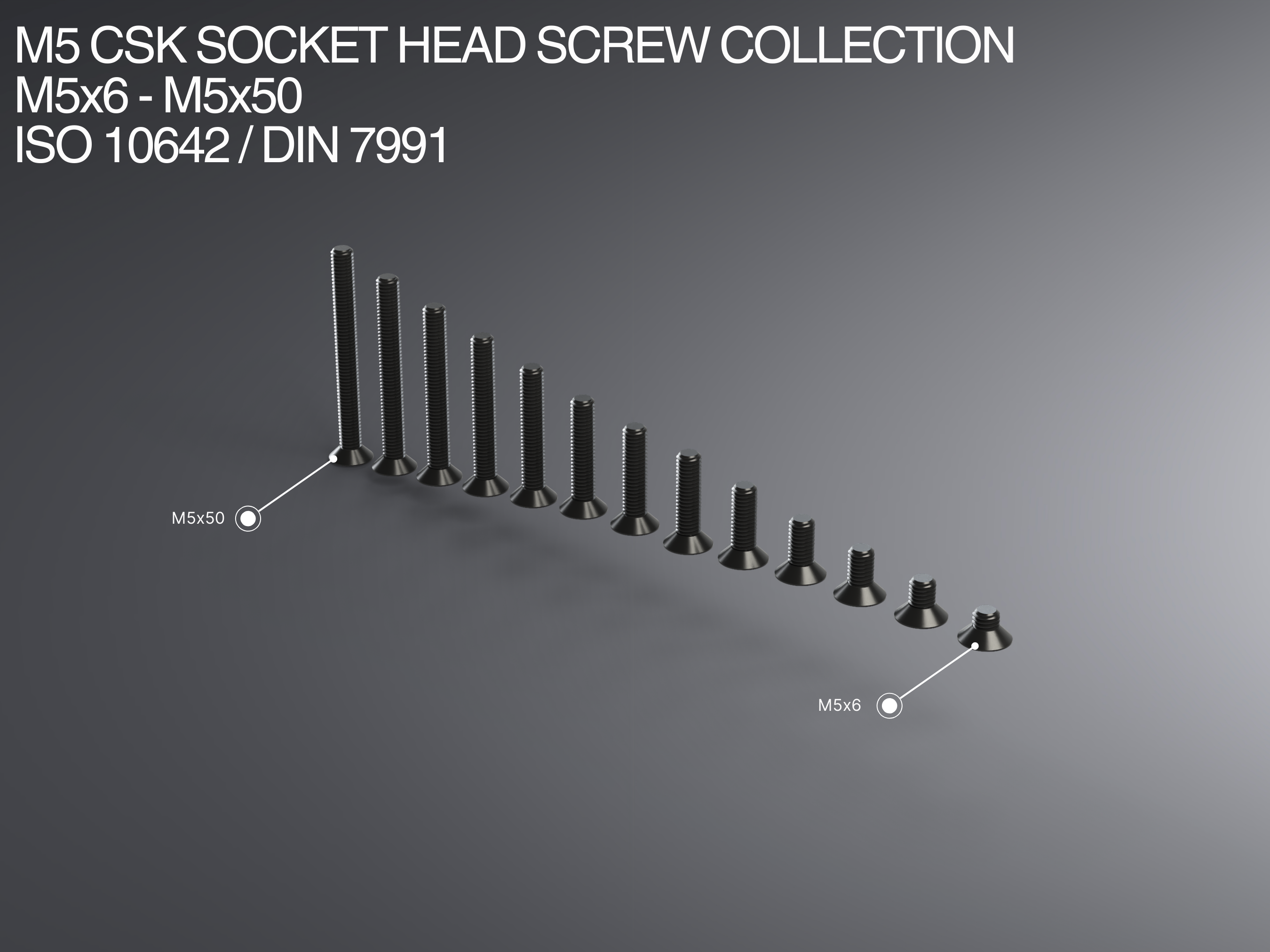 M5 CSK Socket Head Screw Collection M5x6-M5x50 ISO 10642 / DIN 7991