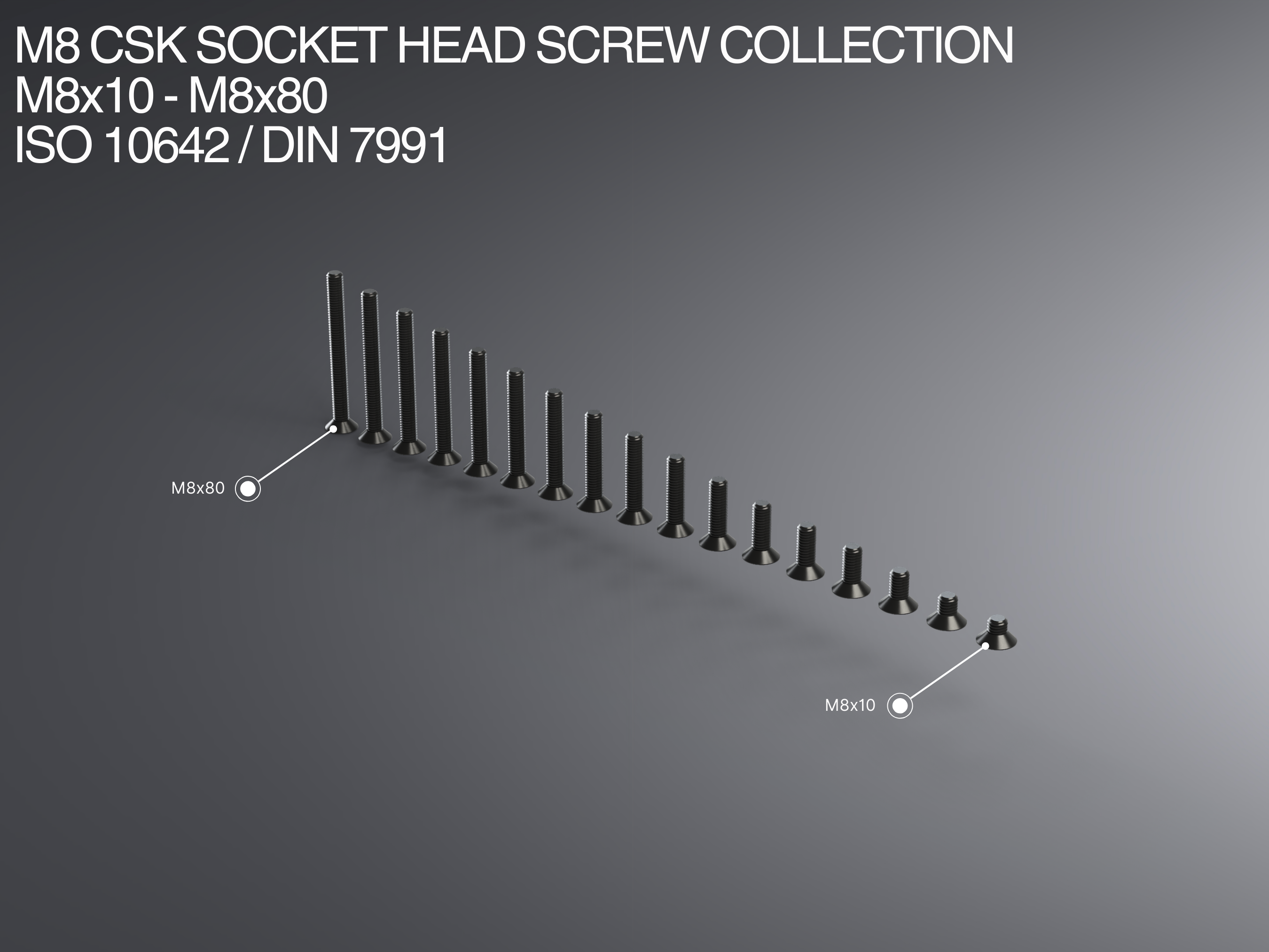 M8 CSK Socket Head Screw Collection M8x10-M8x80 ISO 10642 / DIN 7991