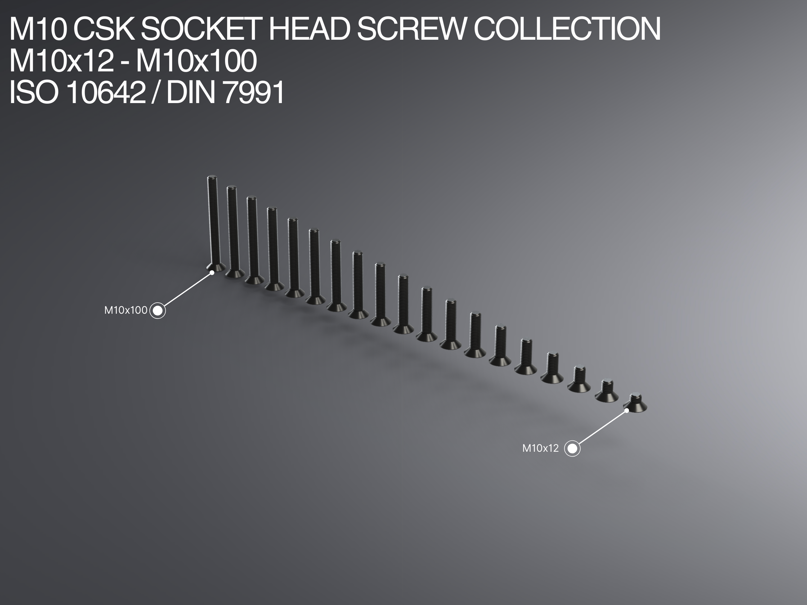 M10 CSK Socket Head Screw Collection M10x12-M10x100 ISO 10642 / DIN 7991