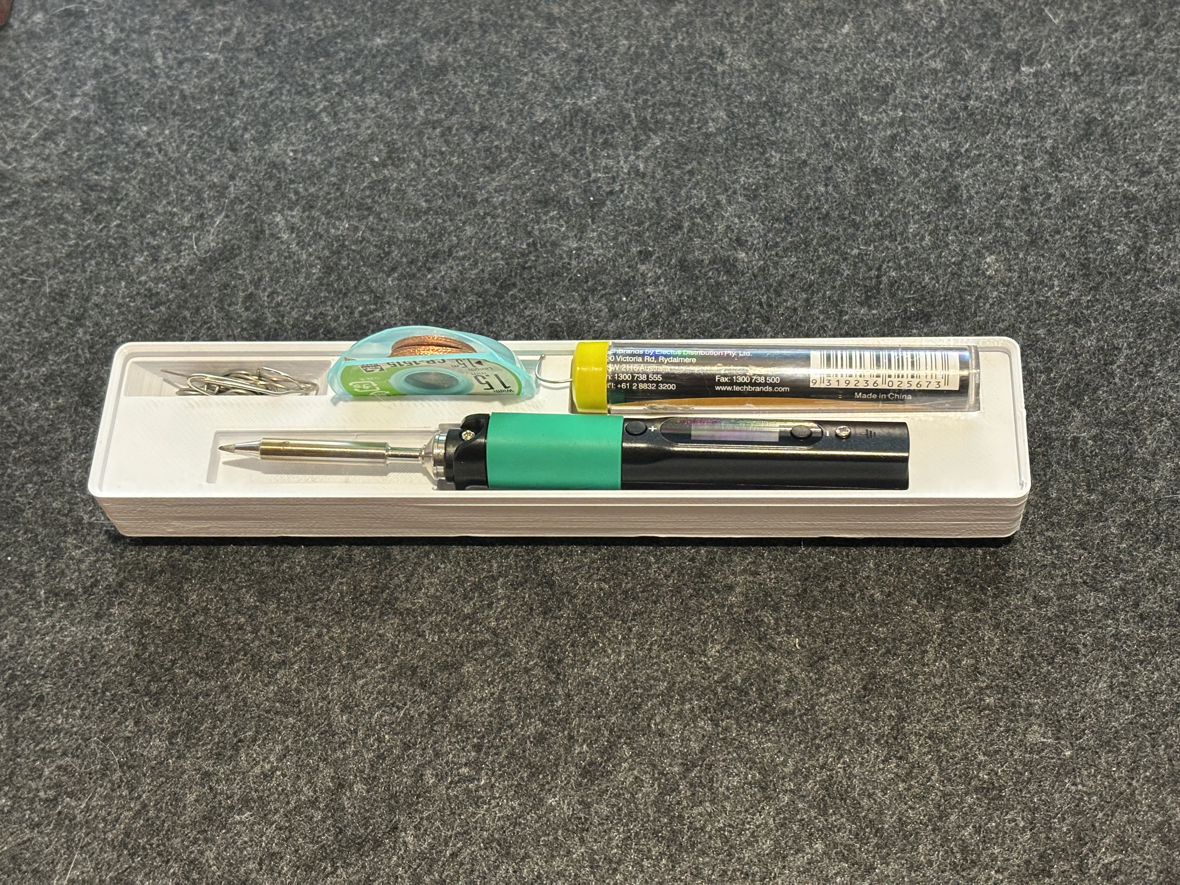 Pinecil Gridfinity holder - 5x1 (3U tall) - Soldering iron, wire + flux