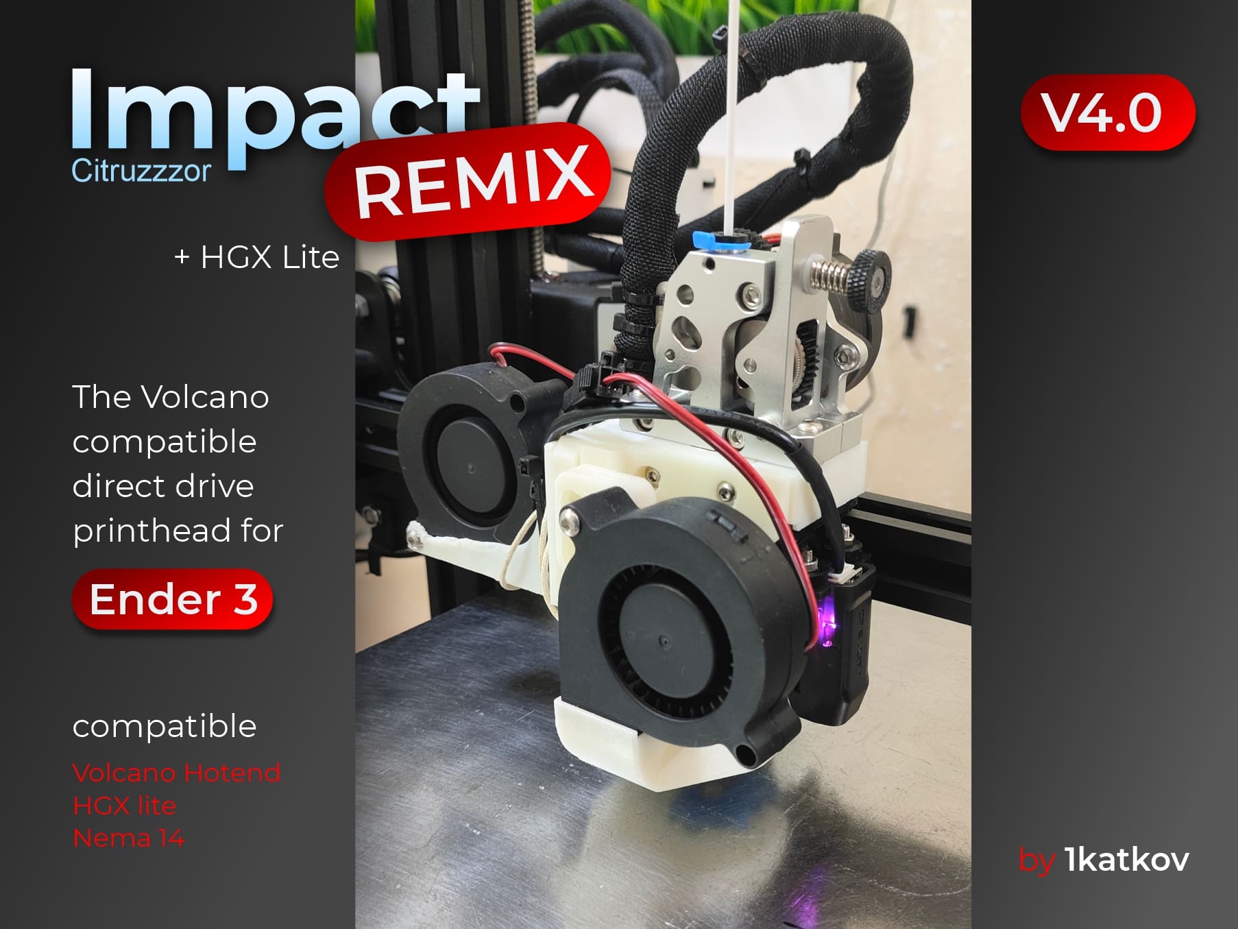 Impact printhead Remix for Creality Ender 3 / NEO / PRO (not E3 V2 V3) Printhead HGX-Lite with mount for CR-touch