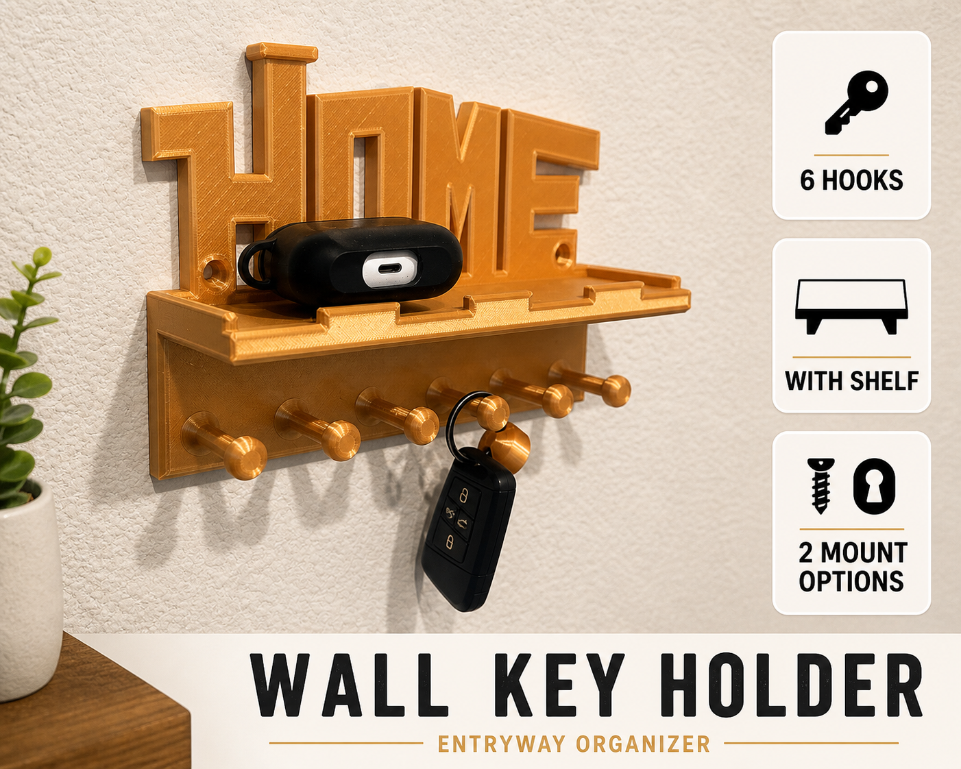 Modern “HOME” Key Holder with Shelf (2 Mounting Options)