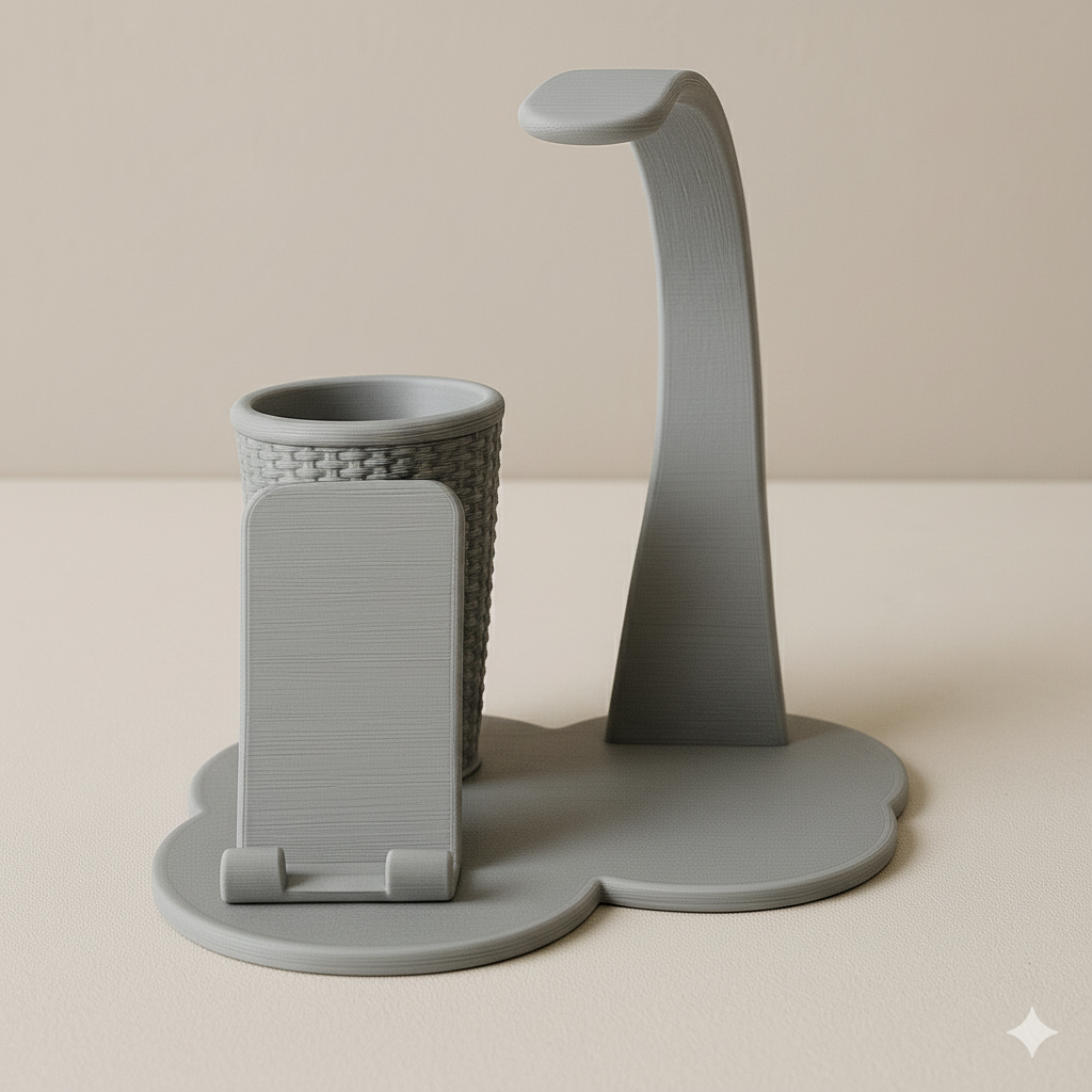 Harmony Curve – 3D Printed Desk Organizer with Headphone Stand, Phone Holder & Pen Cup