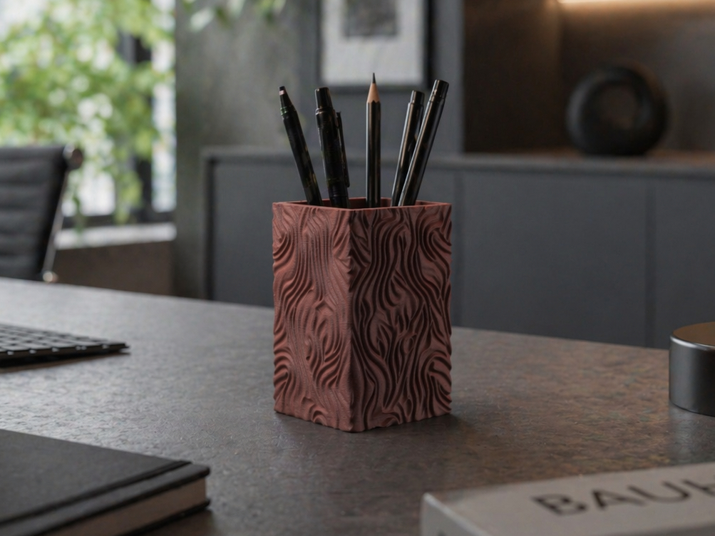 Woodgrain Square Pen Holder – Organic Wood Texture Desk Organizer