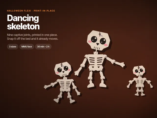 Flexi Dancing Skeleton – Articulated Print-in-Place Halloween Toy, No Supports, 3 Sizes