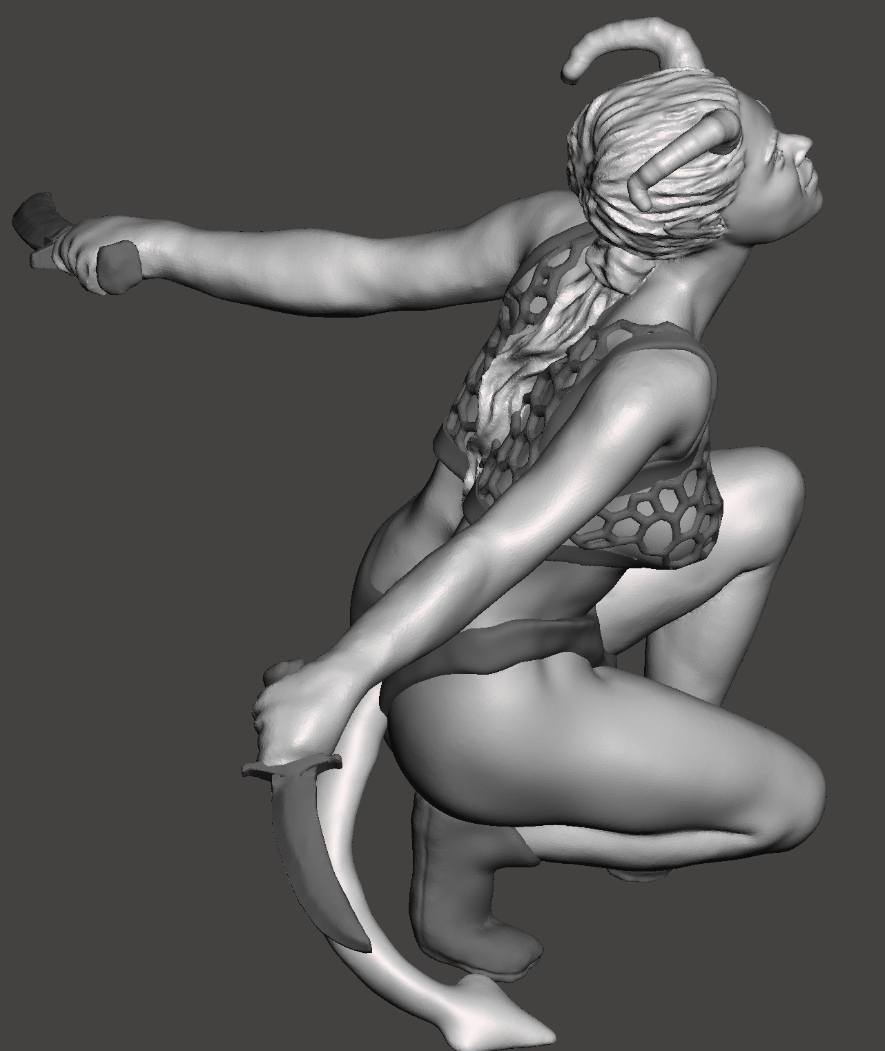 Frisky Tiefling female, fishnet top, crouched with daggers
