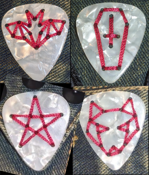 Plectrum drill jig (for sewing a plectrum to a battel jacket)