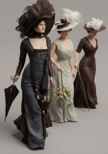 Victorian Art - People - 3 Ladies Walking