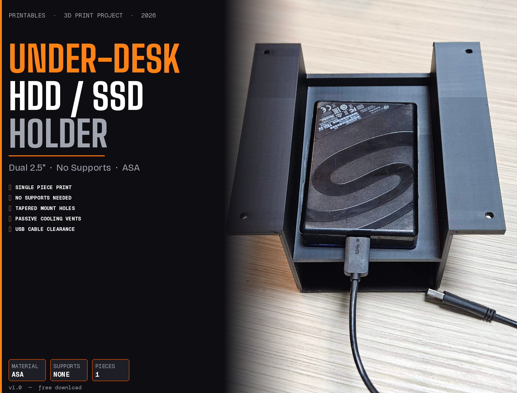 Under-Desk Dual 2.5" HDD/SSD Holder — Single Piece, No Supports