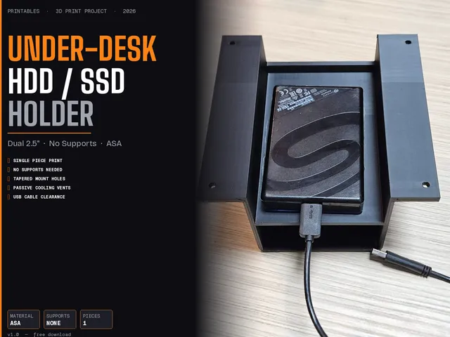 Under-Desk Dual 2.5" HDD/SSD Holder — Single Piece, No Supports