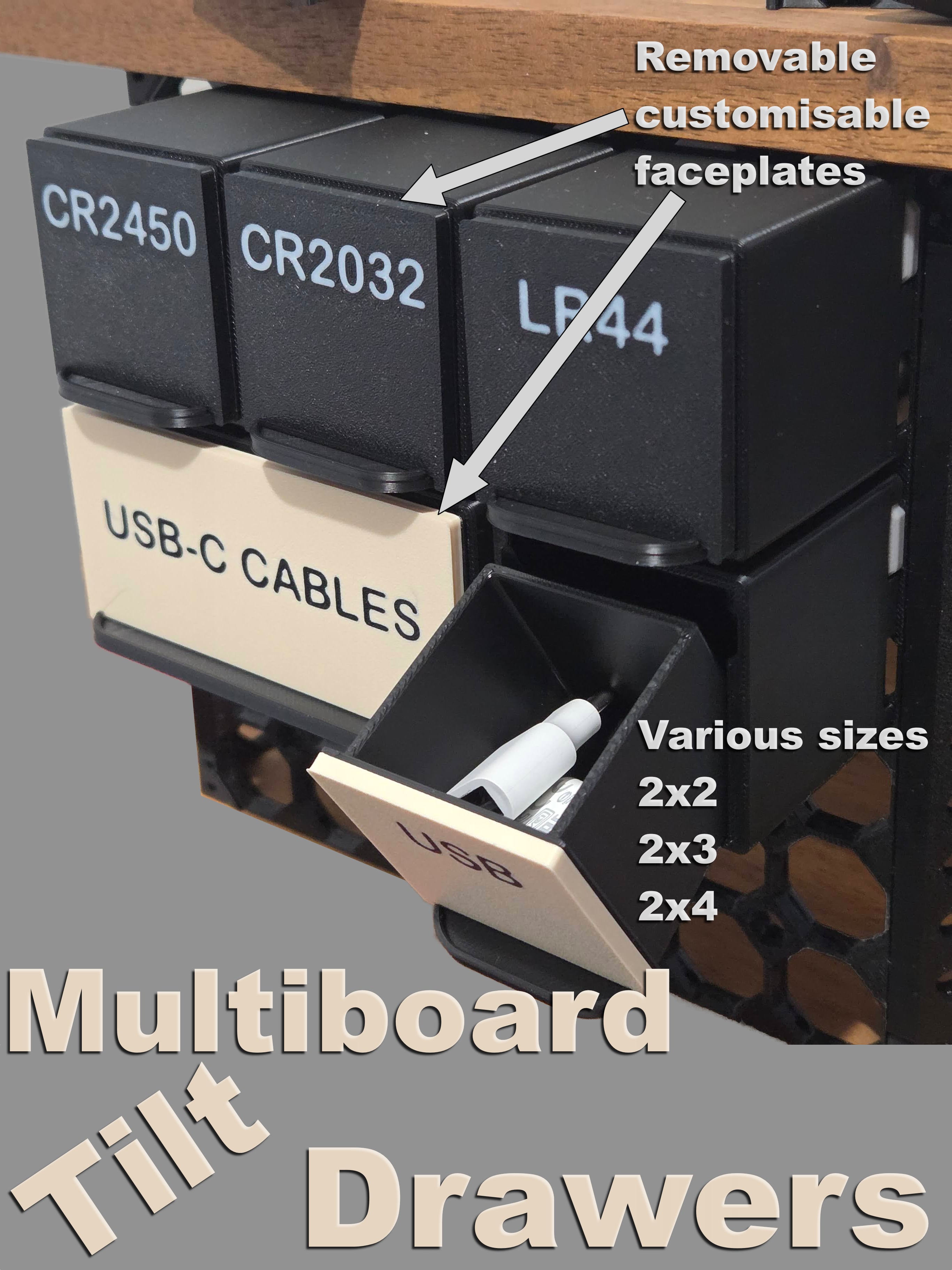 Tilt drawers for multiboard with custom faceplate