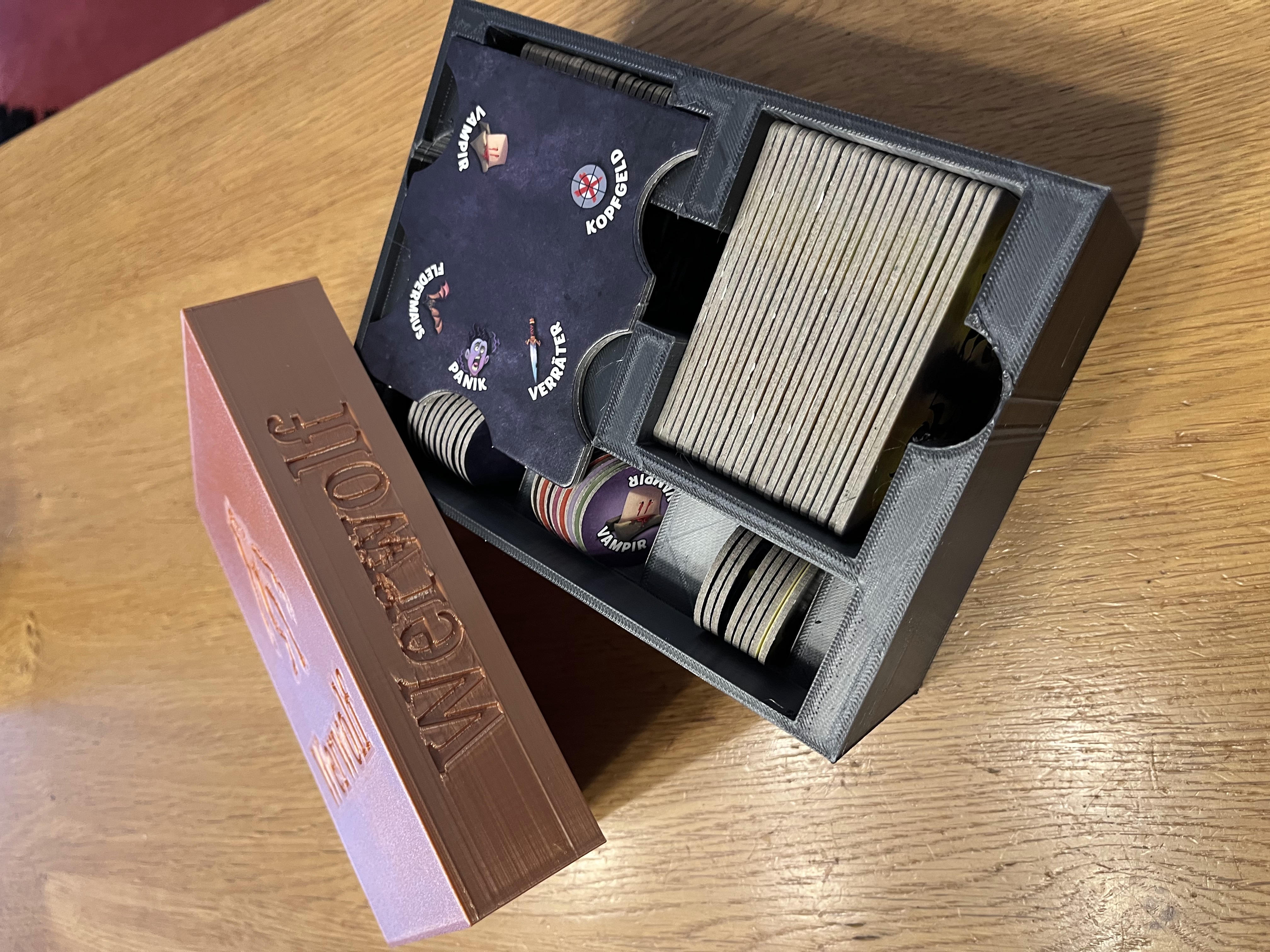 Box and lid for Werwölfe Vollmondnacht / One Night Ultimate Werewolf plus expansions (Vollmondnacht, Morgengrauen, Vampirdämmerung)