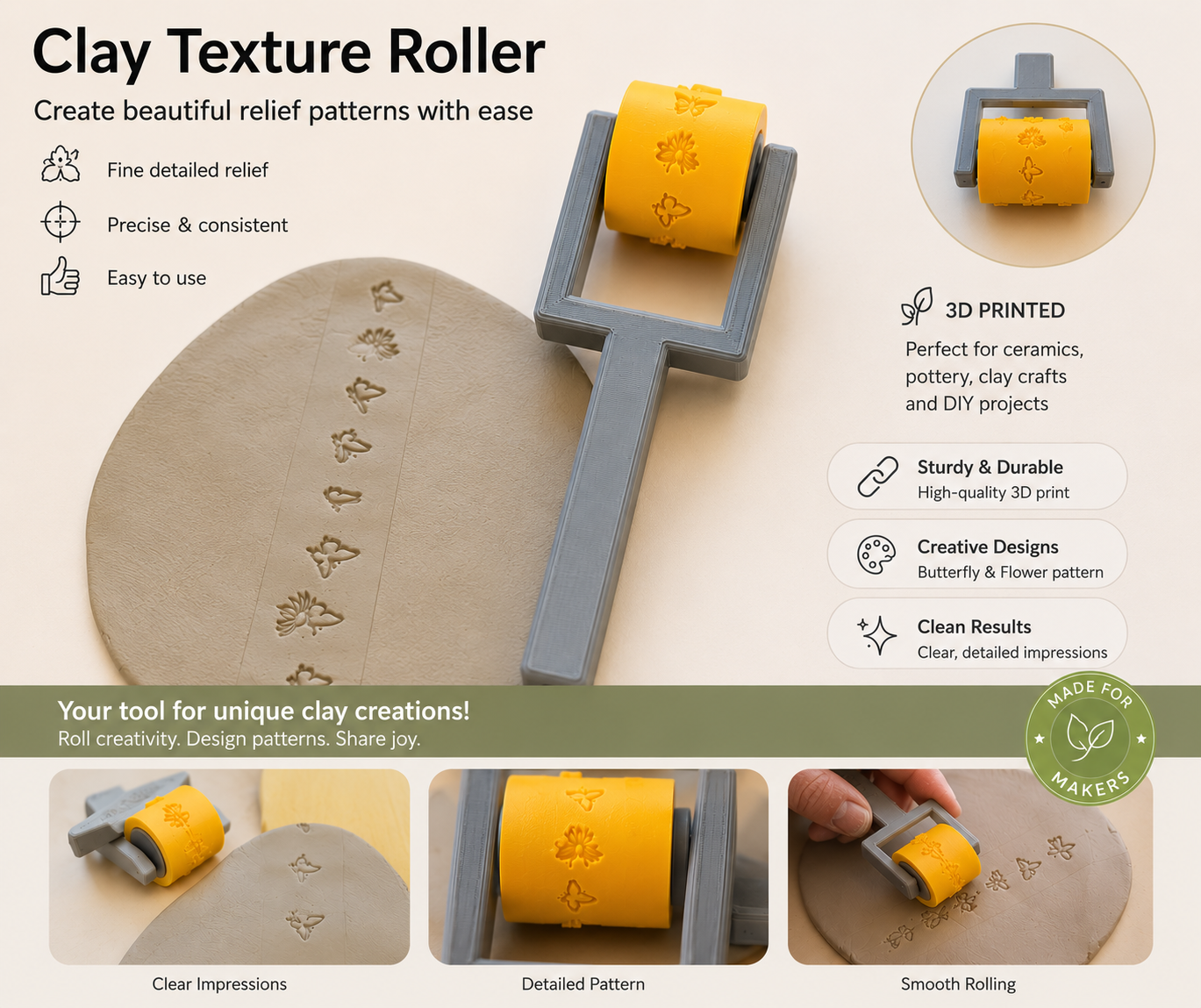 Butterfly Clay Texture Roller – Beautiful Nature Patterns for Pottery & Crafts