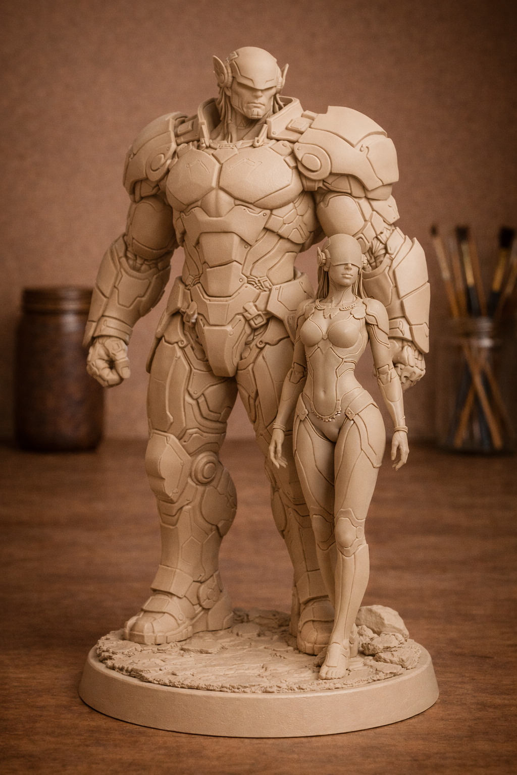 Sci-Fi Armored Titan and Female Android Statue