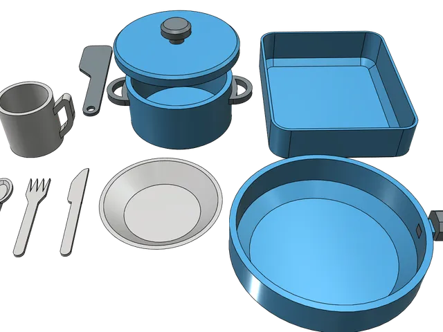 Dishes dish cookware for kids kitchen pan cup pot fork knife spoon cutlery childrens toy nadobi pro deti easy print without support tested