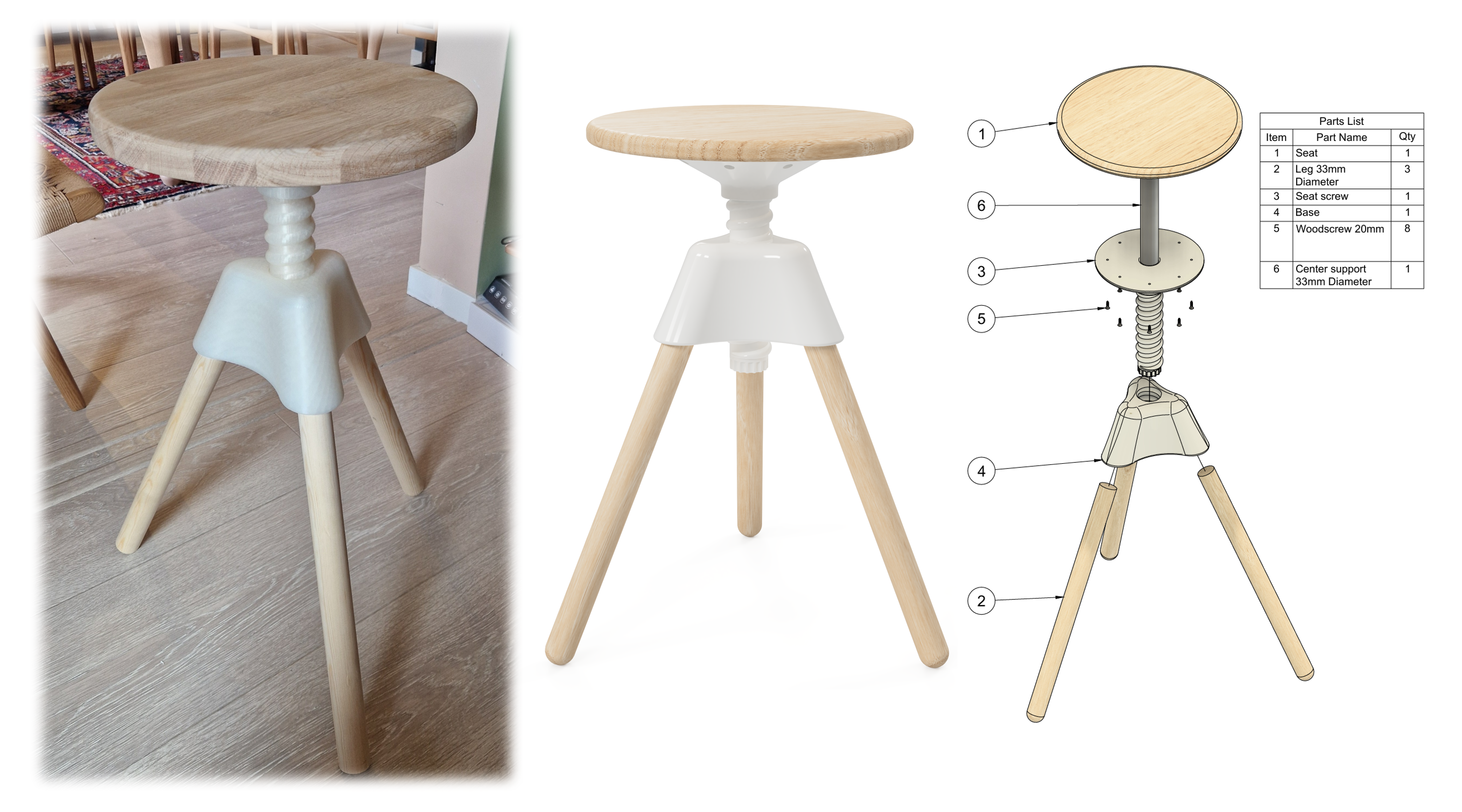 Tripod Stool Hub – for 33 mm wooden legs + wooden seat