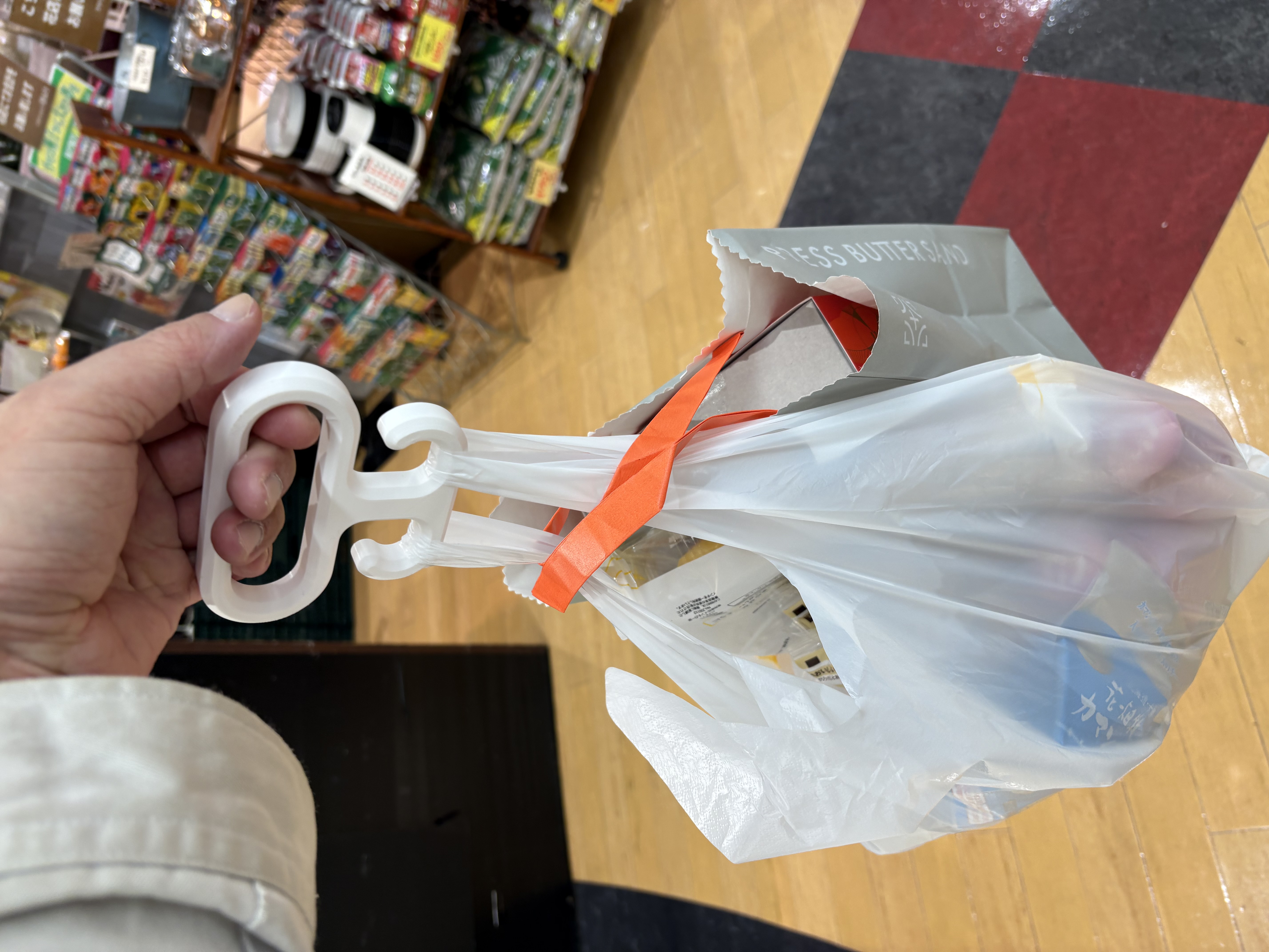 A hook that makes carrying plastic bags more comfortable.