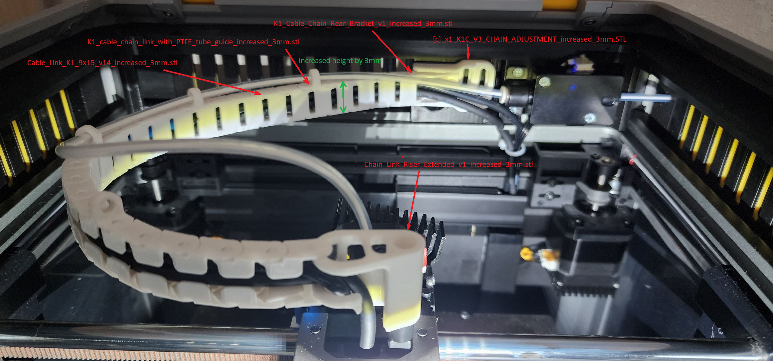 Cable chain for K1/K1C with ptfe guide. Increased for 3mm [All in one]